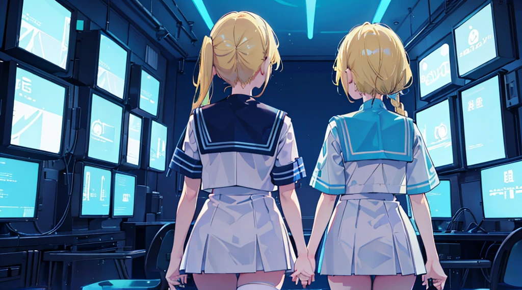 (back view of two girls, blonde hair, sailor suit, holding hands) , (blue cyberpunk room, blue neon)