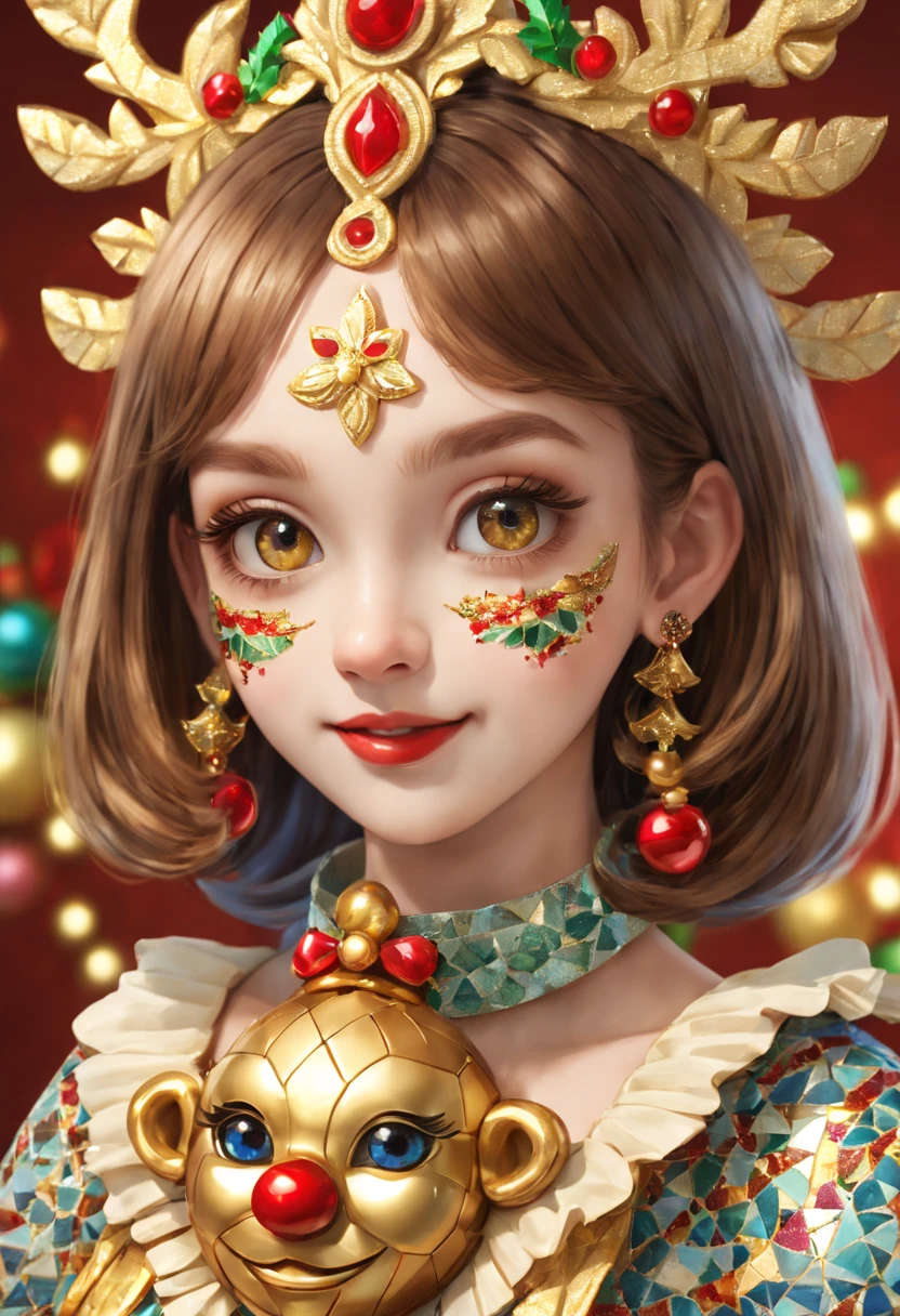 A girl wearing a mosaic Christmas mask,sparkling detailed eyes,beautifully detailed lips,extremely detailed eyes, cute red nose, festive smile, golden mosaic patterns on the mask, delicate craftsmanship, intricate designs, vibrant color palette, high contrast, sharp focus, glossy finish, impressive artistry, holiday atmosphere, intricate mosaic tiles, ornate decorations, magical lighting. (best quality,4k,8k,highres,masterpiece:1.2),ultra-detailed,(realistic,photorealistic,photo-realistic:1.37),portrait,mosaic art,christmas celebration,festive colors,sparkling charm,holiday spirit,glimmering lights,colorful ornaments.