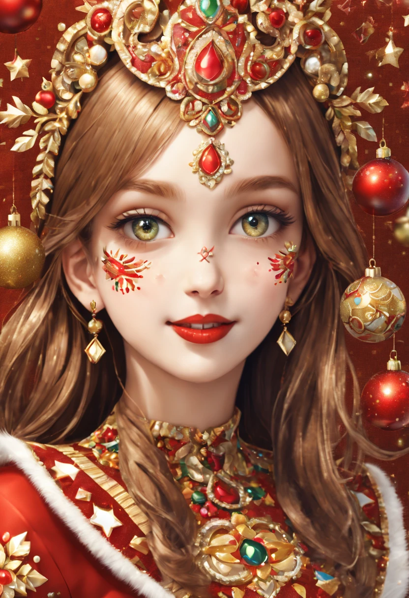 A girl wearing a mosaic Christmas mask,sparkling detailed eyes,beautifully detailed lips,extremely detailed eyes, cute red nose, festive smile, golden mosaic patterns on the mask, delicate craftsmanship, intricate designs, vibrant color palette, high contrast, sharp focus, glossy finish, impressive artistry, holiday atmosphere, intricate mosaic tiles, ornate decorations, magical lighting. (best quality,4k,8k,highres,masterpiece:1.2),ultra-detailed,(realistic,photorealistic,photo-realistic:1.37),portrait,mosaic art,christmas celebration,festive colors,sparkling charm,holiday spirit,glimmering lights,colorful ornaments.