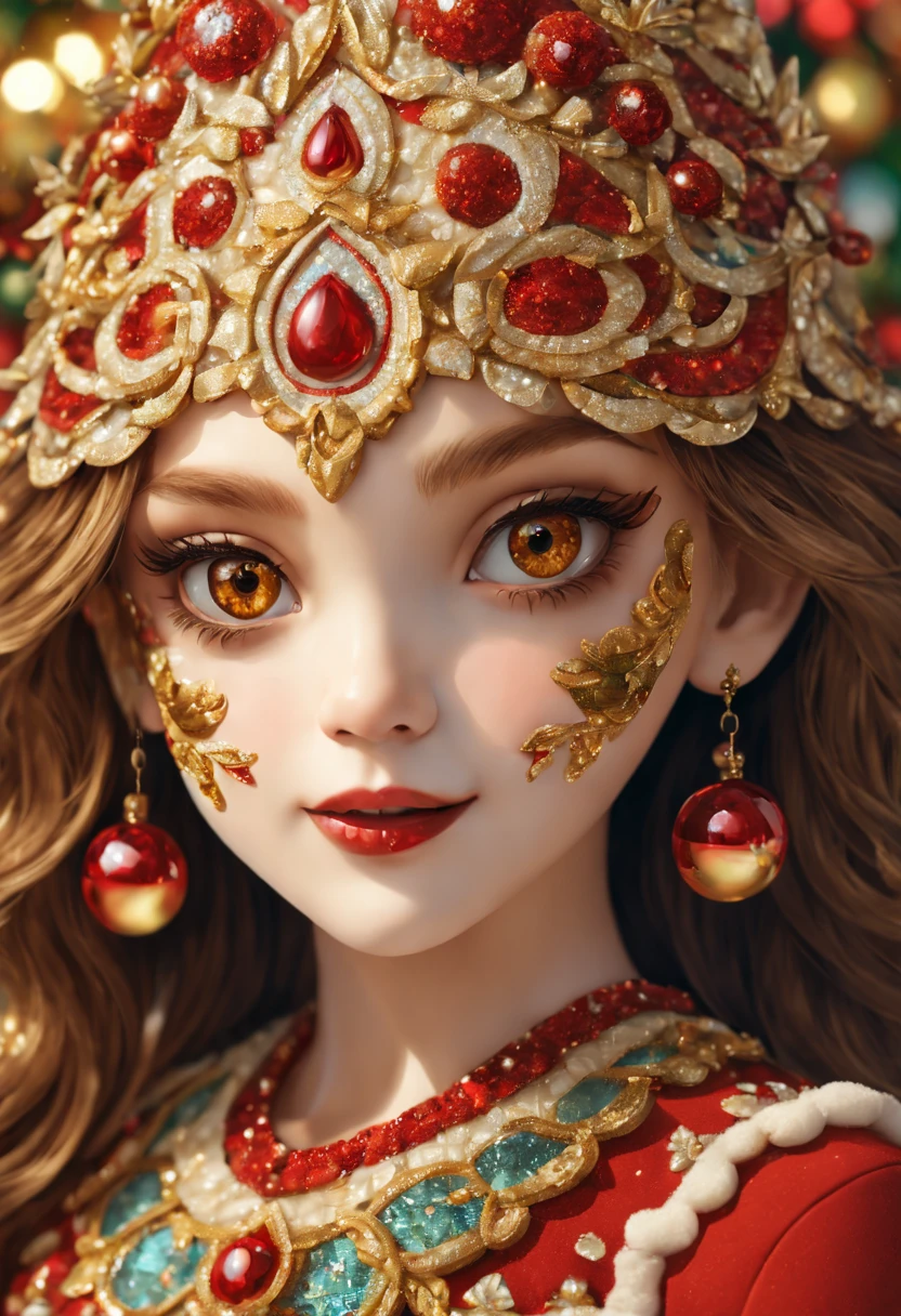 A girl wearing a mosaic Christmas mask,sparkling detailed eyes,beautifully detailed lips,extremely detailed eyes, cute red nose, festive smile, golden mosaic patterns on the mask, delicate craftsmanship, intricate designs, vibrant color palette, high contrast, sharp focus, glossy finish, impressive artistry, holiday atmosphere, intricate mosaic tiles, ornate decorations, magical lighting. (best quality,4k,8k,highres,masterpiece:1.2),ultra-detailed,(realistic,photorealistic,photo-realistic:1.37),portrait,mosaic art,christmas celebration,festive colors,sparkling charm,holiday spirit,glimmering lights,colorful ornaments.
