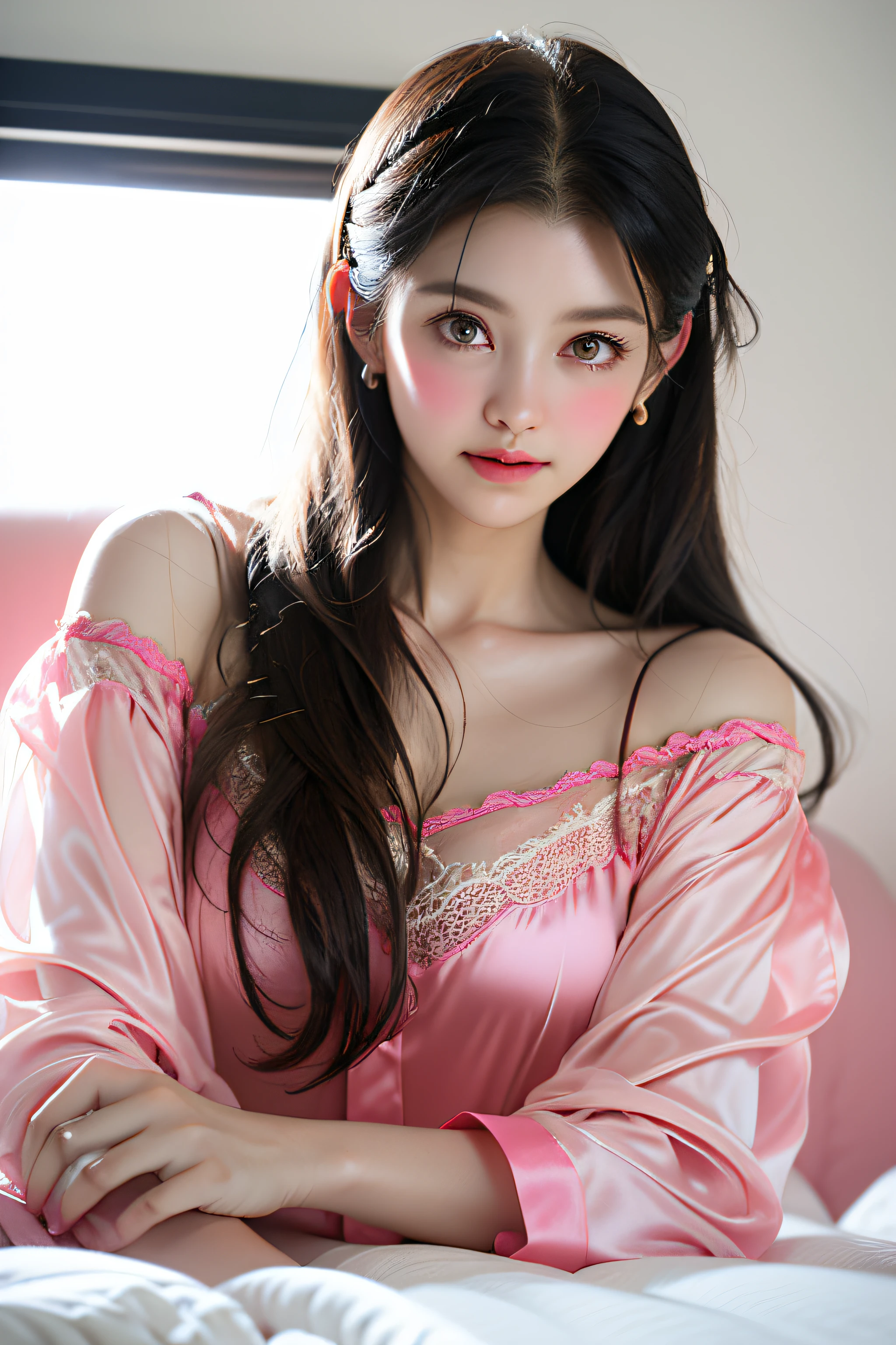 Girl lying on bed,wet,Charming eyes,Heartwarming action,Turn your face away from the camera,stooped,Bend over,turn back,Look up at your head,transparent silk pajamas ,thick long hair,Highly detailed body,Highly detailed face,best qualtiy,(Pink bra),(Off-shoulder open-front translucent blouse),