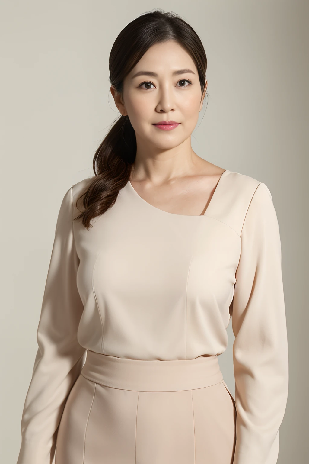 RAW photos，47-year-old mature woman，Fine lines on the face，Elegant feminine，Happy and charming，Obesity and breast sagging,（M cup，Huge sagging chest contour） Wide fat hip bone，Enlarged pelvis，Moisturizes skin, Sweaty skin, Wavy brunette hair,Black color hair，47-year-old mature woman，The background is blurred out，wearing tight simple clothes, 40 years old women, wearing tight shirt,portrait photo of an，wearing casual cloths，Natural skin，8K  UHD，high high quality，filmgrain，富士XT3