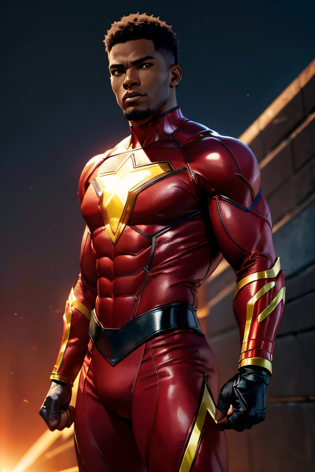 "(melhor qualidade, alto, Realistic:1.37), black MALE superhero with black power, Tema Neon, roupas de cor vermelha, (cor) luz emitida pelos olhos dela, chest, Hands, and feet, cores vibrantes, Pose forte e confiante, Dynamic background"