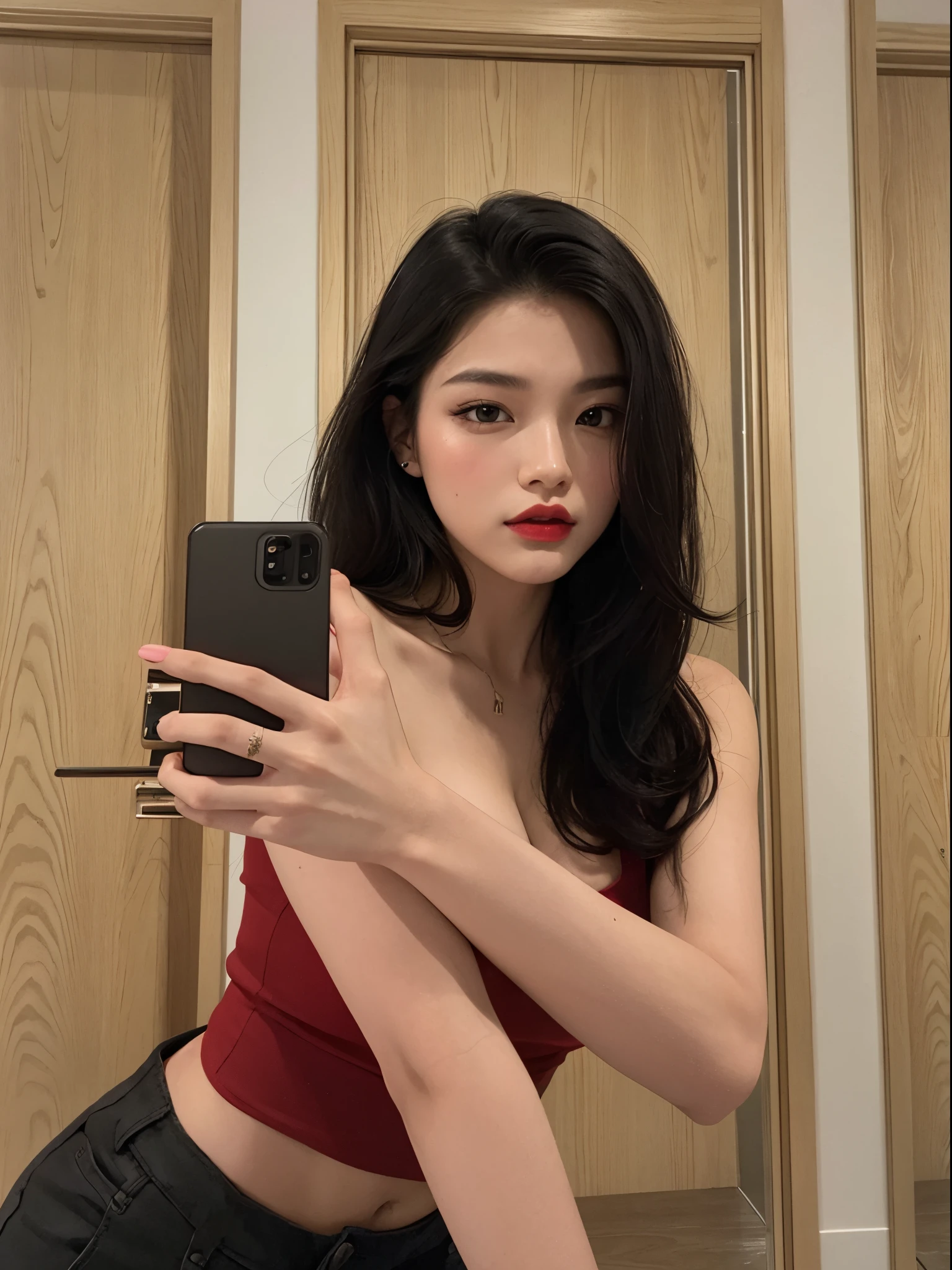 There is a woman taking a selfie in a mirror., Modelo de Instagram, 18 years old, an asian woman, asian features, Hermosa modelo china, 21-year-old, Xision Wu, 2 2 years old, look sexy, 2 4 year old female model, she is about 20 years old, she is about 20 years old, Selfie, labios rojos sexys