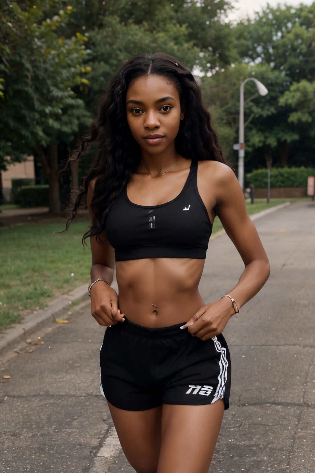 ((18 year old black girl)) fitness (slender and strong body) (slim body), (black curly hair) ((dark hair))) ((black skin)) happy expression ((black eyes)). full body, African face, ((Location: street)) long hair, tall girl, big eyes, bigger head, long curly hair, thick legs, flat chest, no breasts, flat breasts. (training shorts, sports bra, running penis) beautiful (1990)