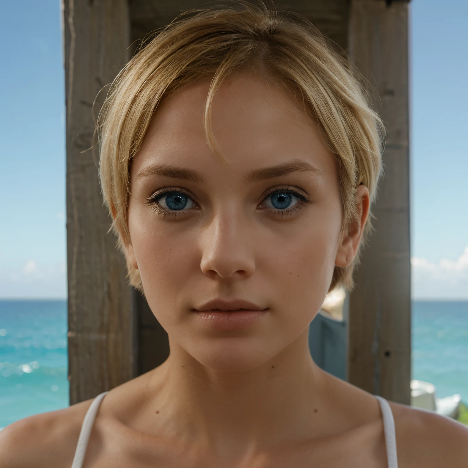 A female with short blonde hair, blue eyes, a small nose, looking out into an ocean