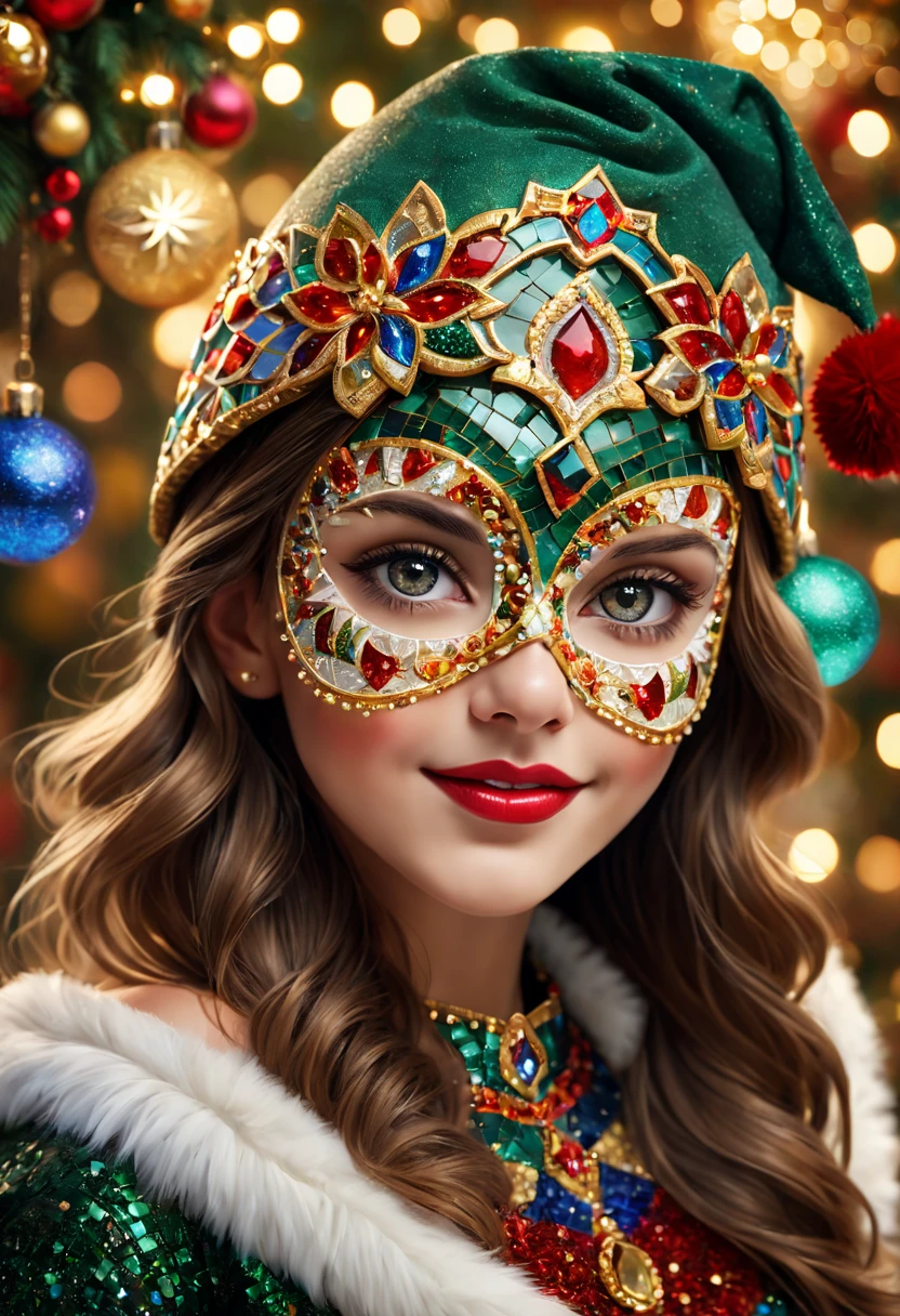 A girl wearing a mosaic Christmas mask,sparkling detailed eyes,beautifully detailed lips,extremely detailed eyes, christmas hat,festive smile, golden mosaic patterns on the mask, delicate craftsmanship, intricate designs, vibrant color palette, high contrast, sharp focus, glossy finish, impressive artistry, holiday atmosphere, intricate mosaic tiles, ornate decorations, magical lighting. (best quality,4k,8k,highres,masterpiece:1.2),ultra-detailed,(realistic,photorealistic,photo-realistic:1.37),portrait,mosaic art,christmas celebration,festive colors,sparkling charm,holiday spirit,glimmering lights,colorful ornaments.