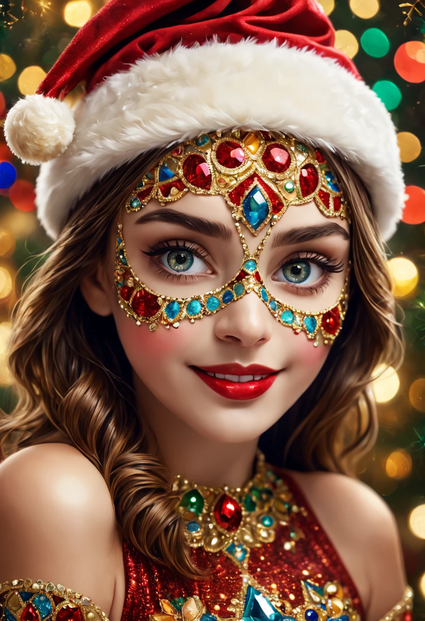 A girl wearing a mosaic Christmas mask,sparkling detailed eyes,beautifully detailed lips,extremely detailed eyes, christmas hat,festive smile, golden mosaic patterns on the mask, delicate craftsmanship, intricate designs, vibrant color palette, high contrast, sharp focus, glossy finish, impressive artistry, holiday atmosphere, intricate mosaic tiles, ornate decorations, magical lighting. (best quality,4k,8k,highres,masterpiece:1.2),ultra-detailed,(realistic,photorealistic,photo-realistic:1.37),portrait,mosaic art,christmas celebration,festive colors,sparkling charm,holiday spirit,glimmering lights,colorful ornaments.