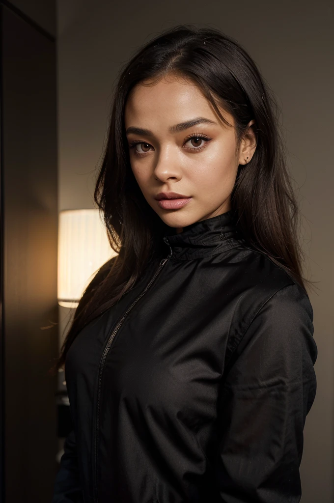 arafed woman with a black shirt and a black jacket, portrait sophie mudd, selfie of a young woman, tessa thompson inspired, with professional makeup, glowy, profile image, sexy face with full makeup, detailed flawless face, sultry look, perfectly lit face, headshot profile picture, light skin, ayahausca, with brown skin