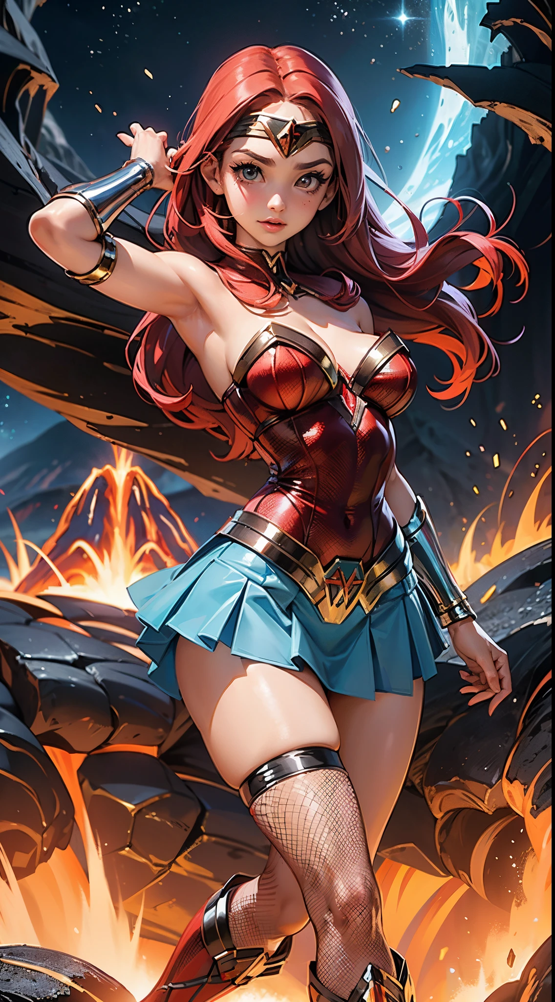 Amazing full-body depiction of sexy Wonder Woman,In fierce night battles。nightmare。japanese-inspired。cyber punk perssonage。salama。Dynamic composition shows power、Smooth movements,Pastel tones enhance the dramatic action。 Impressive, hyper realisitc, cinmatic lighting, cinematic photogtaphy, Extremely detailed and complex, VFX around volumetric fog, during night, Super max, hyper realisitc, ultra - detailed, hight contrast, rtx on, Hdr, photography of, realisticlying, Degrees of freedom on, The field of view opens, motionblur, The lens flare is on, 50mm Prime f/ 1.8, White balance, Hyper-Resolution, Mega Pixel, ProPhoto RGB, VR, highr, epic, Rear half illumination, lights background, natural lightting, Incandescent Lamps, fiber-optics, Mood lighting, Cinema lighting, Studio lighting, gentle illumination, volumetr, contrast, Dark lighting, emphasis lighting, Projected global illumination, Screen Space Global Illumination, Ray Tracing Global Illumination, Red fringing light, 45% Cool color grading, optics, Scattering, with light glowing, shadowing, hyper photorealism, Caustic water, Refractive water, exquisite detailing, intricately details, Ultra-detailed photography, High- sharpness, High reflex, an award winning photograph