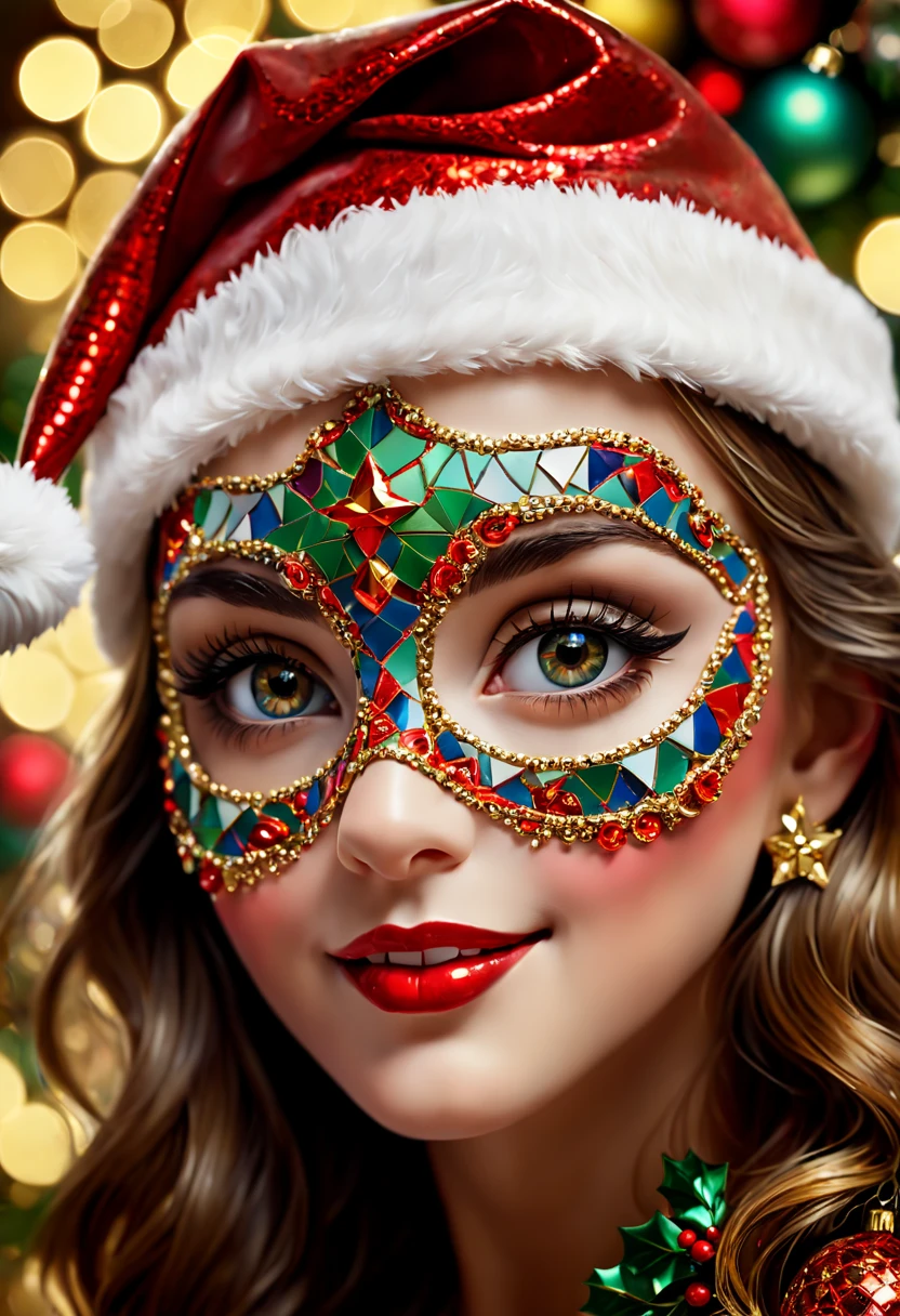 A girl wearing a mosaic Christmas mask,sparkling detailed eyes,beautifully detailed lips,extremely detailed eyes, christmas hat,festive smile, golden mosaic patterns on the mask, delicate craftsmanship, intricate designs, vibrant color palette, high contrast, sharp focus, glossy finish, impressive artistry, holiday atmosphere, intricate mosaic tiles, ornate decorations, magical lighting. (best quality,4k,8k,highres,masterpiece:1.2),ultra-detailed,(realistic,photorealistic,photo-realistic:1.37),portrait,mosaic art,christmas celebration,festive colors,sparkling charm,holiday spirit,glimmering lights,colorful ornaments.