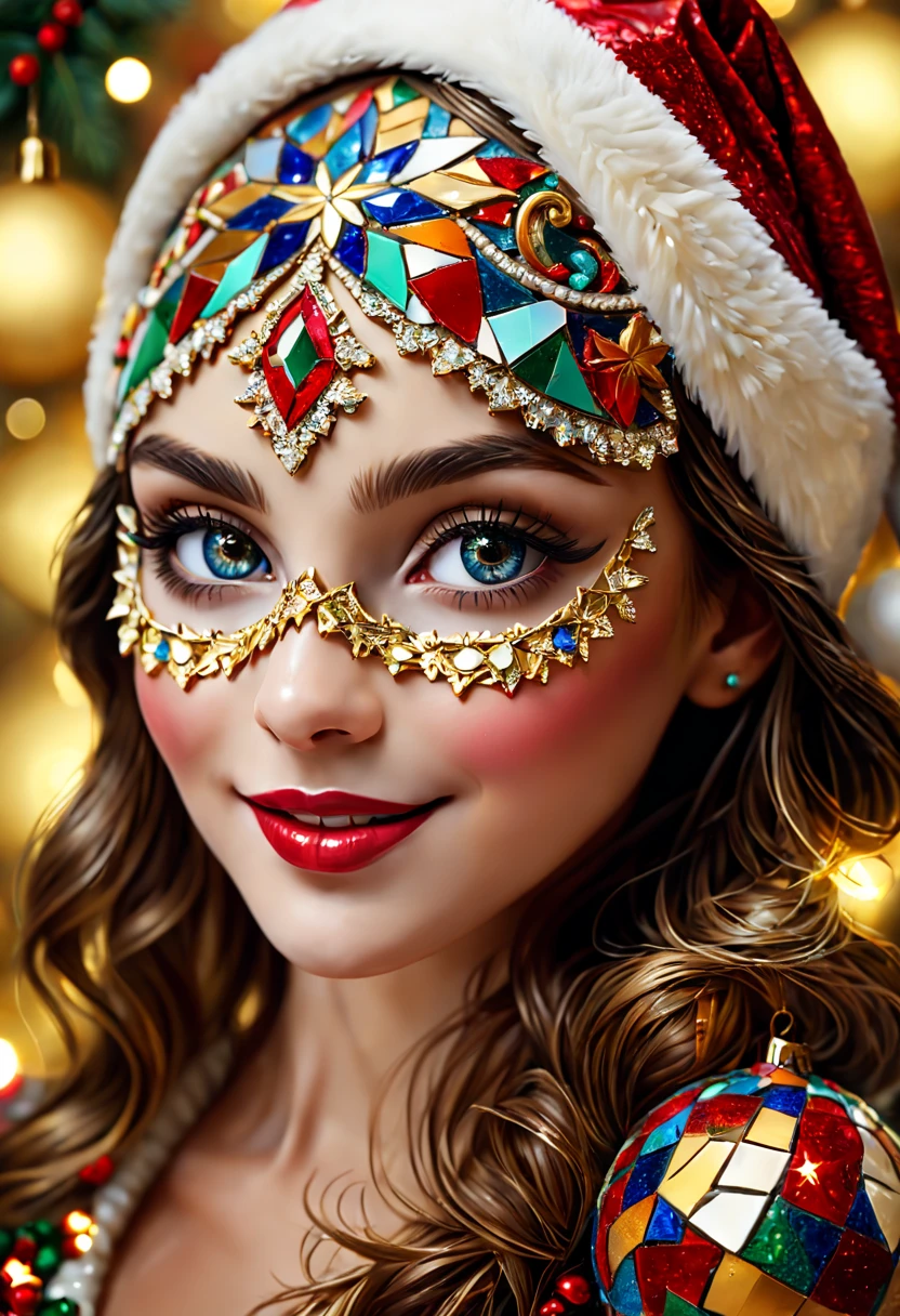 A girl wearing a mosaic Christmas mask,sparkling detailed eyes,beautifully detailed lips,extremely detailed eyes, christmas hat,festive smile, golden mosaic patterns on the mask, delicate craftsmanship, intricate designs, vibrant color palette, high contrast, sharp focus, glossy finish, impressive artistry, holiday atmosphere, intricate mosaic tiles, ornate decorations, magical lighting. (best quality,4k,8k,highres,masterpiece:1.2),ultra-detailed,(realistic,photorealistic,photo-realistic:1.37),portrait,mosaic art,christmas celebration,festive colors,sparkling charm,holiday spirit,glimmering lights,colorful ornaments.