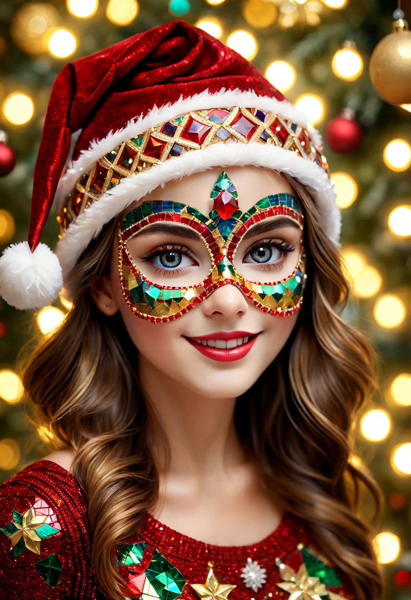 A girl wearing a mosaic Christmas mask,sparkling detailed eyes,beautifully detailed lips,extremely detailed eyes, christmas hat,festive smile, golden mosaic patterns on the mask, delicate craftsmanship, intricate designs, vibrant color palette, high contrast, sharp focus, glossy finish, impressive artistry, holiday atmosphere, intricate mosaic tiles, ornate decorations, magical lighting. (best quality,4k,8k,highres,masterpiece:1.2),ultra-detailed,(realistic,photorealistic,photo-realistic:1.37),portrait,mosaic art,christmas celebration,festive colors,sparkling charm,holiday spirit,glimmering lights,colorful ornaments.