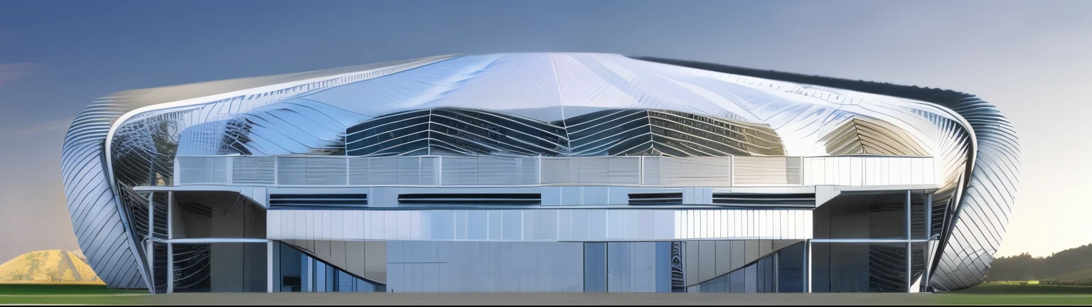 Sports building, interior, open-air structure, ground floor,concrete, glass,steel, behind clouds and mountains, inside there a soft light, have many tree around building