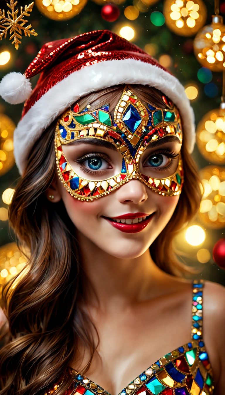 A girl wearing a mosaic Christmas mask,sparkling detailed eyes,beautifully detailed lips,extremely detailed eyes, christmas hat,festive smile, golden mosaic patterns on the mask, delicate craftsmanship, intricate designs, vibrant color palette, high contrast, sharp focus, glossy finish, impressive artistry, holiday atmosphere, intricate mosaic tiles, ornate decorations, magical lighting. (best quality,4k,8k,highres,masterpiece:1.2),ultra-detailed,(realistic,photorealistic,photo-realistic:1.37),portrait,mosaic art,christmas celebration,festive colors,sparkling charm,holiday spirit,glimmering lights,colorful ornaments.