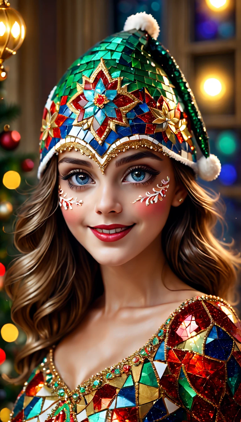 A girl wearing a mosaic Christmas mask,sparkling detailed eyes,beautifully detailed lips,extremely detailed eyes, christmas hat,festive smile, golden mosaic patterns on the mask, delicate craftsmanship, intricate designs, vibrant color palette, high contrast, sharp focus, glossy finish, impressive artistry, holiday atmosphere, intricate mosaic tiles, ornate decorations, magical lighting. (best quality,4k,8k,highres,masterpiece:1.2),ultra-detailed,(realistic,photorealistic,photo-realistic:1.37),portrait,mosaic art,christmas celebration,festive colors,sparkling charm,holiday spirit,glimmering lights,colorful ornaments.