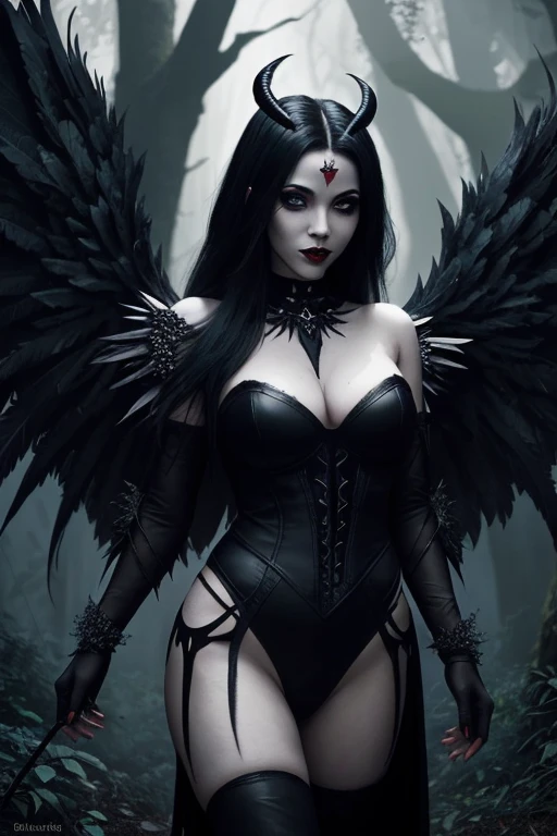 a woman with wings in the dark forest, villainess has black angel wings, dark angel, beautiful succubus, dark feathered wings, angel knight gothic girl, seductive cyberpunk dark fantasy, raven winged female vampire, as a mystical valkyrie, angel with black wings, fantasy dark art, cinematic goddess body shot, demoness, dark fantasy mixed with realism, succubus