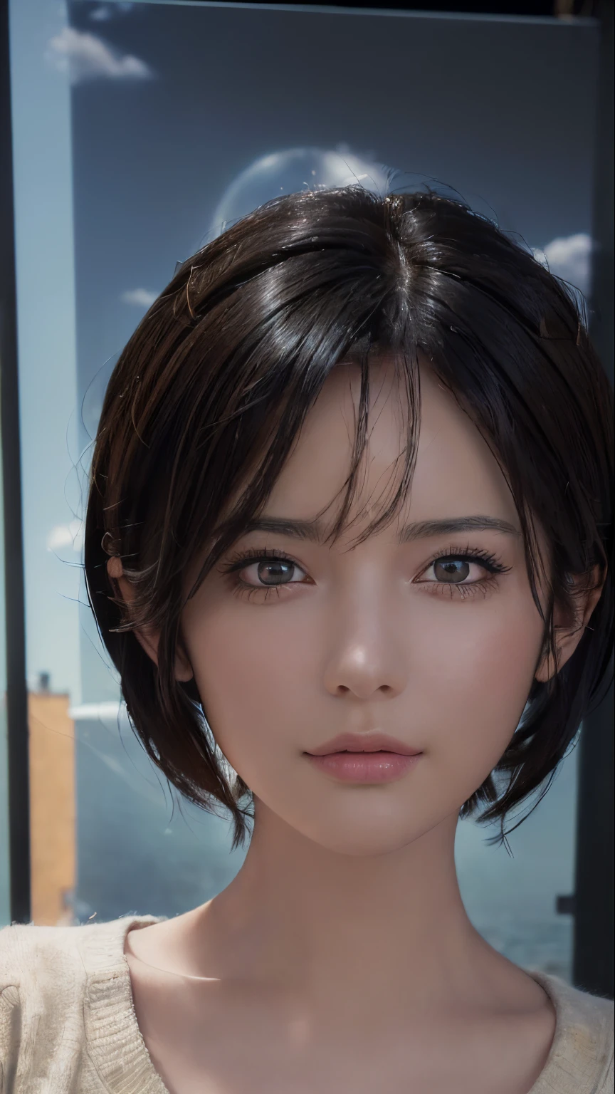 (masterpiece:1.3), (8k, photorealistic, RAW photo, best quality: 1.4), (1girl), beautiful face, (realistic face), (black hair, short hair:1.3), beautiful hairstyle, realistic eyes, beautiful detailed eyes, (realistic skin), beautiful skin, (sweater), absurdres, attractive, ultra high res, ultra realistic, highly detailed, golden ratio