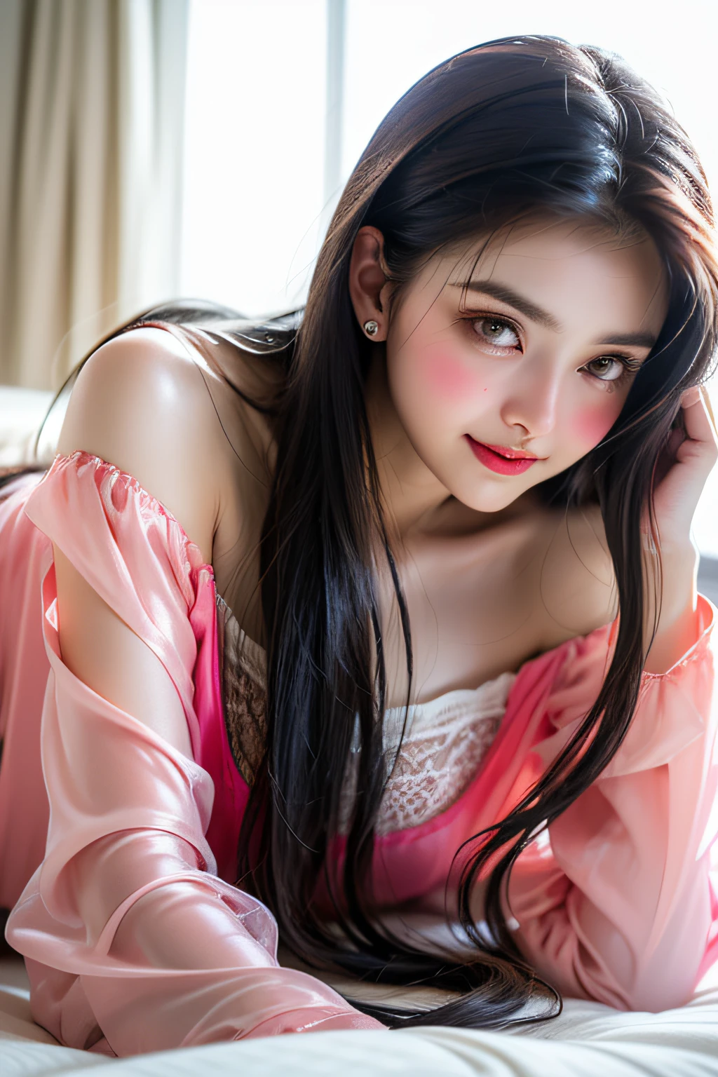 Girl lying on bed,wet,Charming eyes,Heartwarming action,Turn your face away from the camera,stooped,Bend over,turn back,Look up at your head,transparent silk pajamas ,thick long hair,Highly detailed body,Highly detailed face,best qualtiy,(Pink bra),(Off-shoulder open-front translucent blouse),