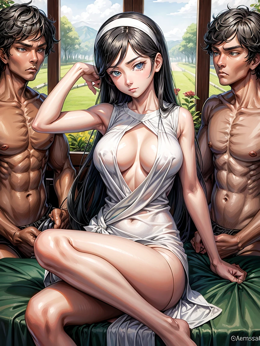 kumashiro maya, white headband, 1girl, 2boys, armpits, blue eyes, (breast grab:1.1), breasts, cleavage, crossed legs, dark skin, dark-skinned male, dress, flower, (grabbing:1.1), black hair, short, hetero, large breasts, looking at viewer, multiple boys, sitting, thighs