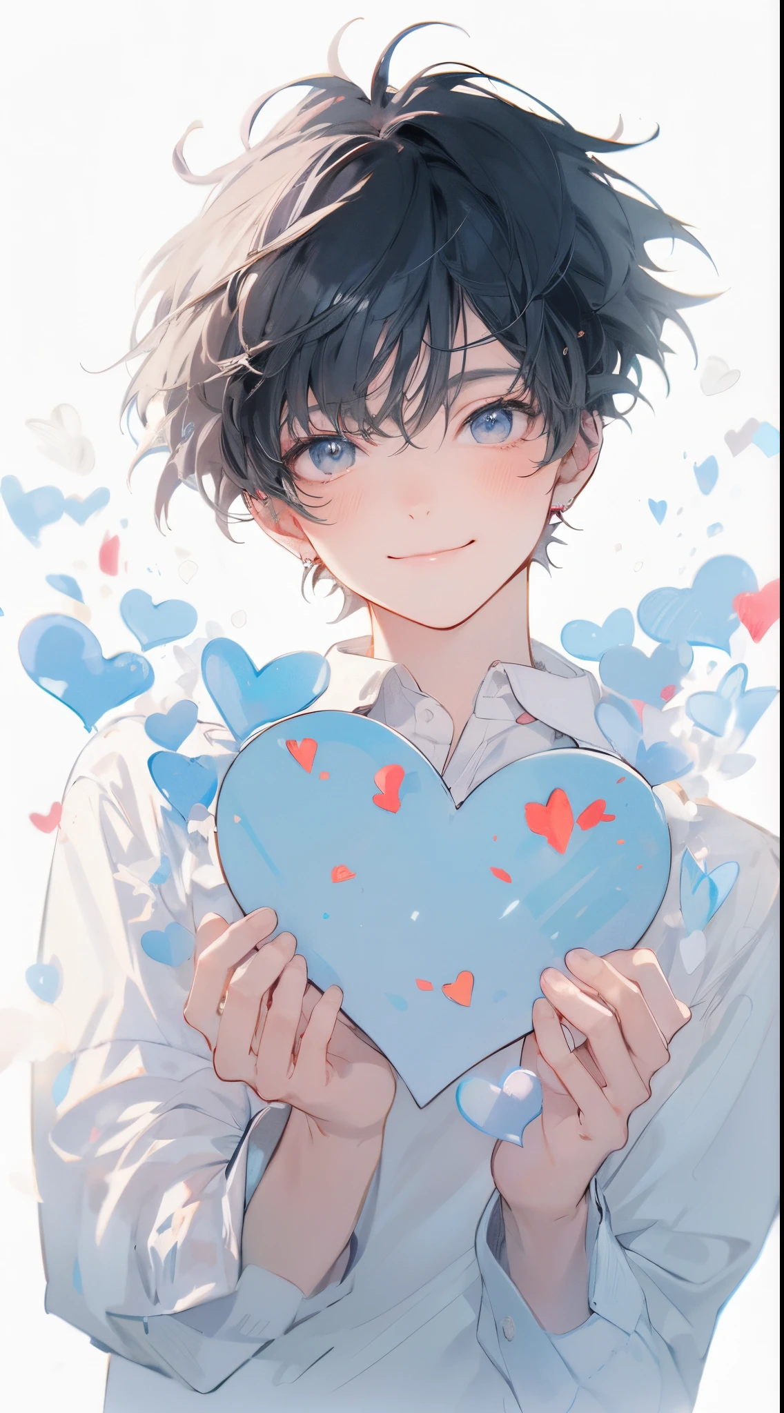 High quality, amount of drawing, pixiv illustration, Beautiful young man, Flying Heart, Smile, appreciate, Smile, has a light blue heart