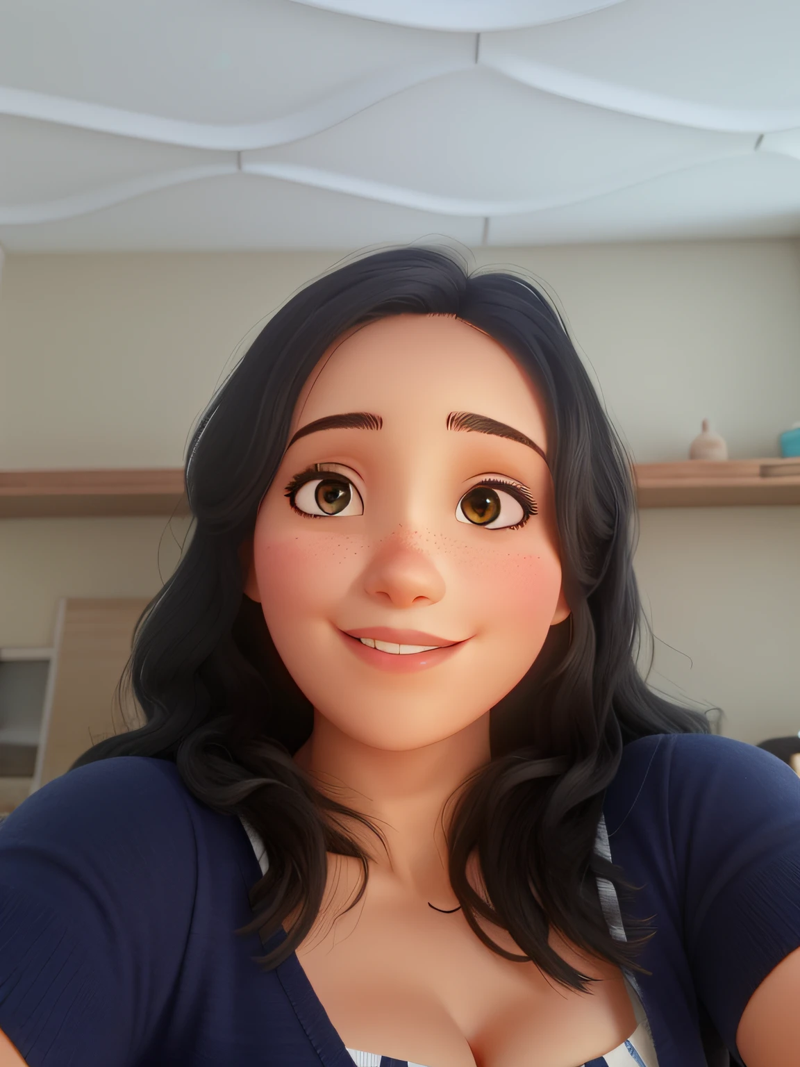 Uma mulher branca com cabelso negro sorrindo, parado para uma foto, illuminated by the light of a lamp, Set against the backdrop of a beauty salon