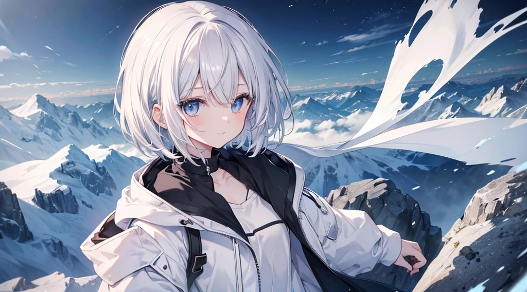 Ultra-high image quality,Look at viewers, hands behind back, girl with, 20 years old, Very short hair, long bangs between eyes, pale blue eyes, Hoodie, Skirt , Extremely detailed,(​masterpiece、top-quality)、report、White hair、A smile、White skin as clear as snow、Fantastical, Silver hair, Black eyes, Beautiful eyes,, Ecstasy, charmed, be smitten with audience, Hoodie, White hoodie,a black skirt,Hair is short,look down from above,(masutepiece, Best Quality:1.1),report, 1girll, Curve,White jacket, Casual style,Open jacket, Fluttering hair、a small face、hason、Bright smile、(parka、white sneaker fingers、Human hand)、(Detailed face) 、(top-quality: 1.4、tmasterpiece、 hyper HD、 Top resolution,、Very detailed、 profetional lighting、 Gray Light Lighting,fantastic landscape, Sunlight,Shoulder out