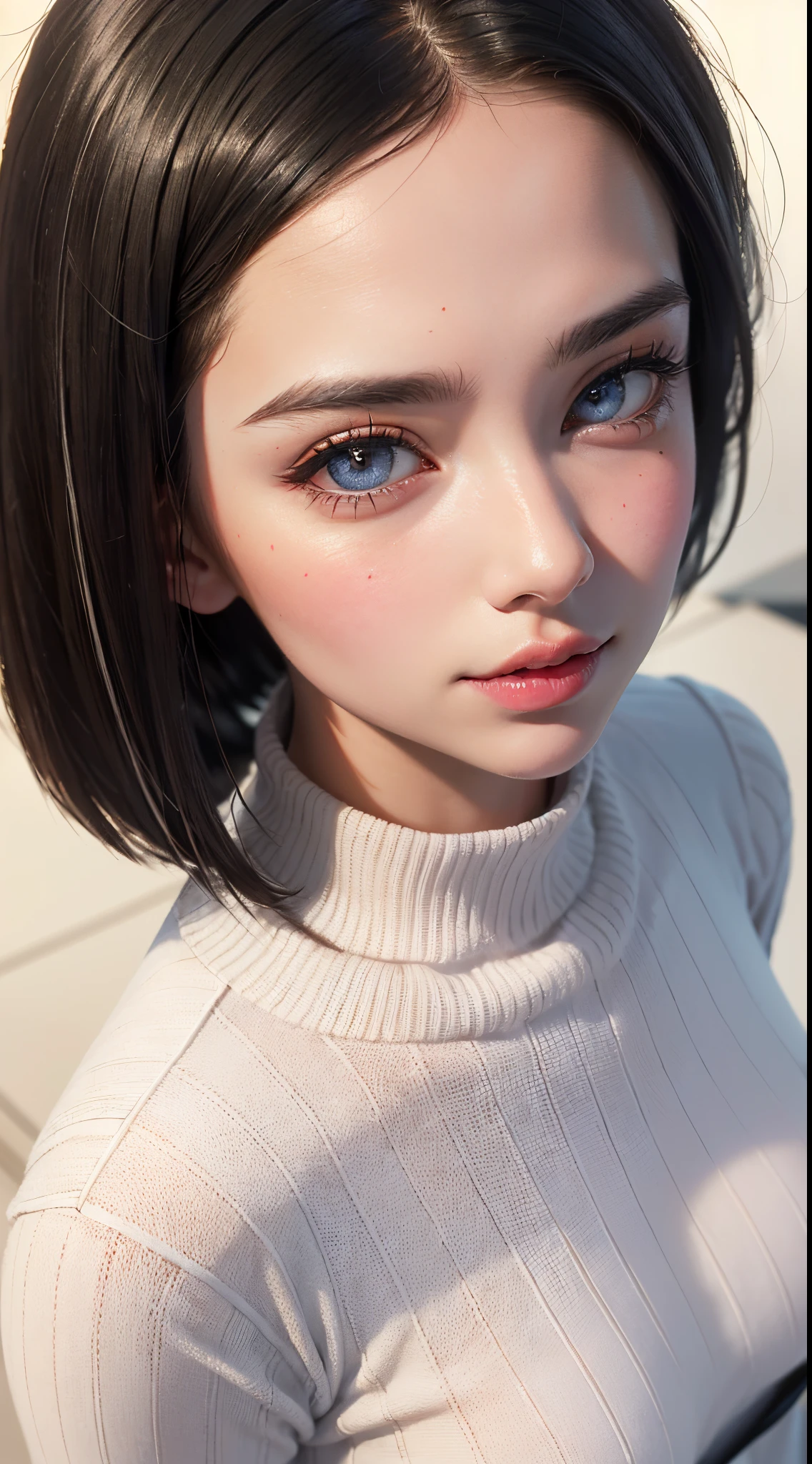 (UHD, retina, masterpiece, ccurate, anatomically correct, textured skin, super detail, high details, high quality, best quality, highres, 1080P, HD, 4K, 8k, 16k), (beautiful detailed eyes, beautiful detailed lips, extremely detailed eyes and face), studio lighting, physically-based rendering, vivid colors, (large breasts, glamorous body), (white turtleneck knit), (portrait, shiny hair, shiny skin), (bokeh), (from flont, from above:1.37), (bob cut, asymmetrical hair, eye reflection, blush, looking at the camera, european face, long nose:1.5), jet black hair, pink lips,
