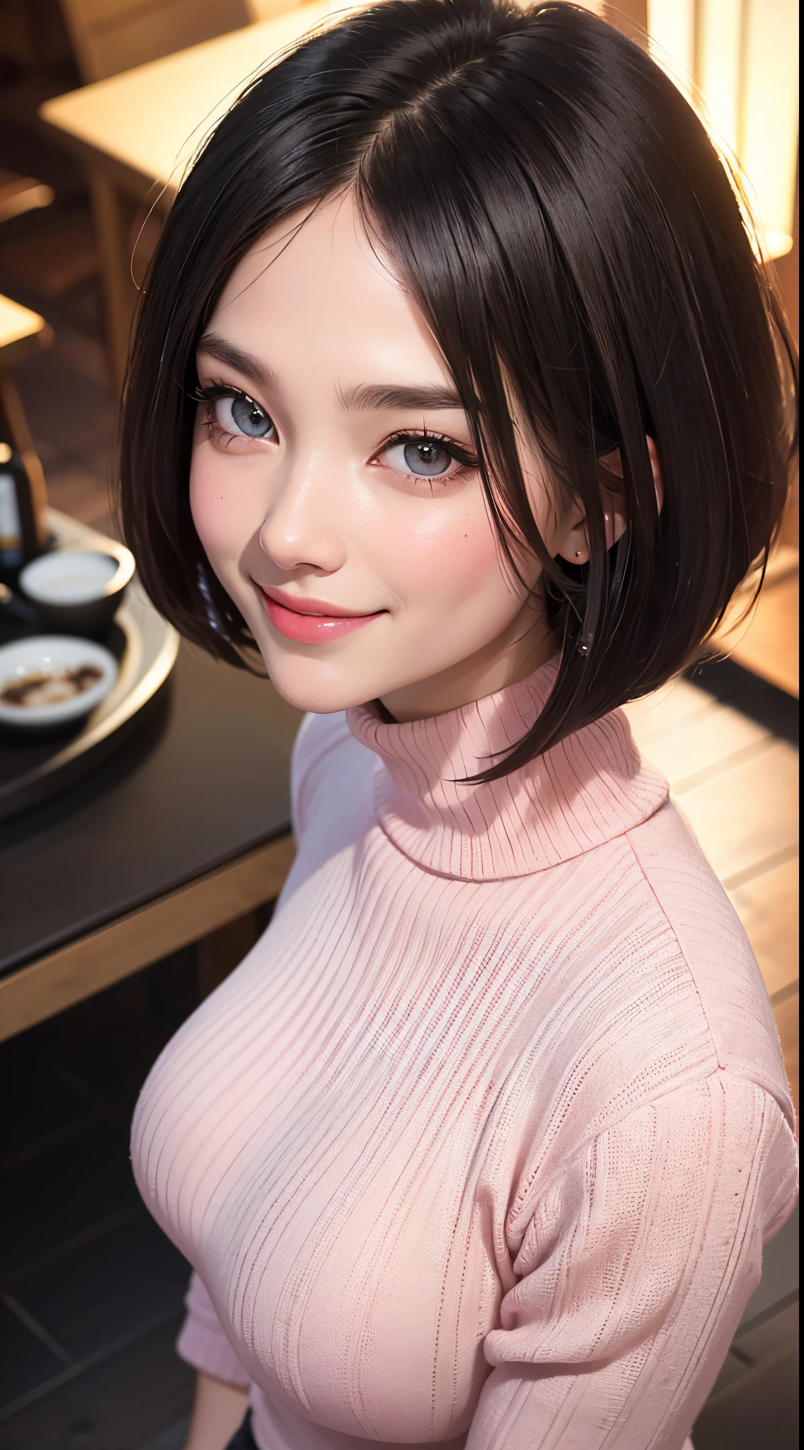 (UHD, retina, masterpiece, ccurate, anatomically correct, textured skin, super detail, high details, high quality, best quality, highres, 1080P, HD, 4K, 8k, 16k), (beautiful detailed eyes, beautiful detailed lips, extremely detailed eyes and face), studio lighting, physically-based rendering, vivid colors, (large breasts, glamorous body:1.5), (white turtleneck knit:1.2), (portrait, shiny hair, shiny skin), (bokeh), (from flont, from above:1.2), (bob cut, blush, smile, looking at the camera, european face:1.5), eye reflection, jet black hair, pink lips,