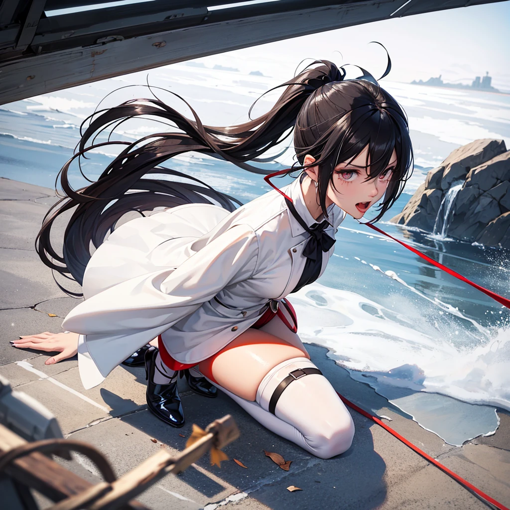 (2d), En plein air, crawling, , Scared, ca, teardrop, Dog leashes, Tongue stock, longponytail, Be red in the face, Stained with a large amount of white liquid, blackstockings, high-heels, , Messy, Chopping, open back, navel, , ragged wind, wind coat, no underwares, sputtering, Spillage of large amounts of white liquid