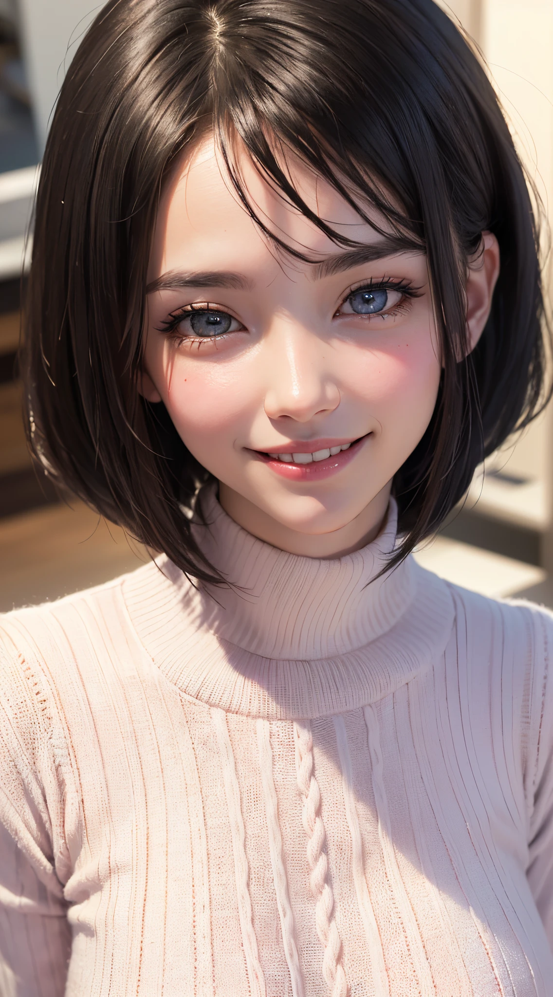 (UHD, retina, masterpiece, ccurate, anatomically correct, textured skin, super detail, high details, high quality, best quality, highres, 1080P, HD, 4K, 8k, 16k), (beautiful detailed eyes, beautiful detailed lips, extremely detailed eyes and face), studio lighting, physically-based rendering, vivid colors, (large breasts, glamorous body), (white turtleneck knit), (portrait, shiny hair, shiny skin), (bokeh), (from flont, from above:1.37), (bob cut, asymmetrical hair, eye reflection, blush, smile, looking at the camera, european face, long nose:1.5), jet black hair, pink lips,