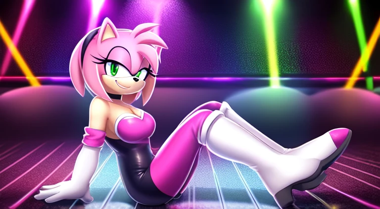 Amy Rose, (Rouge Cosplay), no wings, 1 girl, solo, smile, green eyes, red hairband, bob hair, pink hair, bare shoulders, animal nose, black rubber bodysuit, black leggings, pink heart on chest, cleavage, long white gloves, white knee-high boots, nightclub background, smile, indoor, sexual, medium breast, sitting on the dance floor, disco lighting, looking at viewer, high quality.