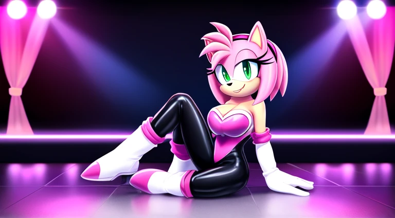 Amy Rose, (Rouge Cosplay), no wings, 1 girl, solo, smile, green eyes, red hairband, bob hair, pink hair, bare shoulders, animal nose, black rubber bodysuit, black leggings, pink heart on chest, cleavage, long white gloves, white knee-high boots, nightclub background, smile, indoor, sexual, medium breast, sitting on the dance floor, disco lighting, looking at viewer, high quality.