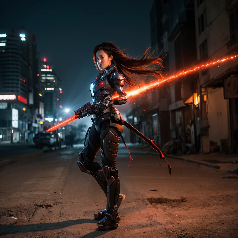 (Female Ninja Cruel Mech: 1.3, Full Body Covered Mech, Heavy AWP on Back, DSLR, Light Tracing, 3D, Concept Art, Action Painting, Film Lighting, Chiaroscuro) :(1.3). Highlighting the curve of the chest, the long white ponytail hair looks graceful and attractive. Masterpiece-like 8K resolution, (Murderous Death and Fear): 0.5, long red scarf fluttering in the wind, war-torn city as a backdrop.