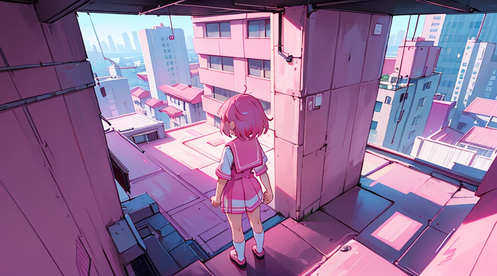 (back view of girl, pink hair, sailor suit, holding hands) , (pink cyberpunk building rooftop, pink neon)