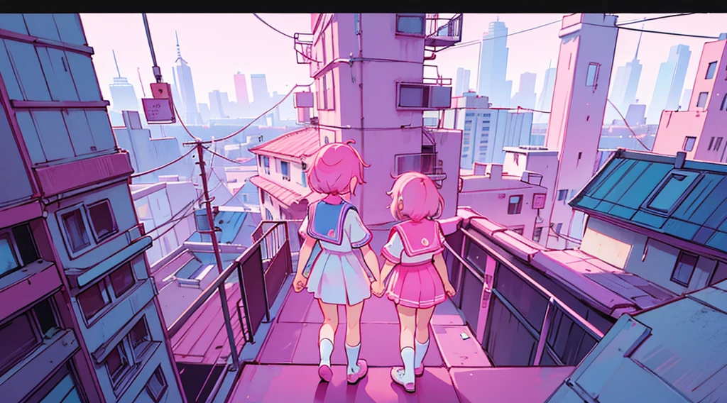 (back view of girl, pink hair, sailor suit, holding hands) , (pink cyberpunk building rooftop, pink neon)