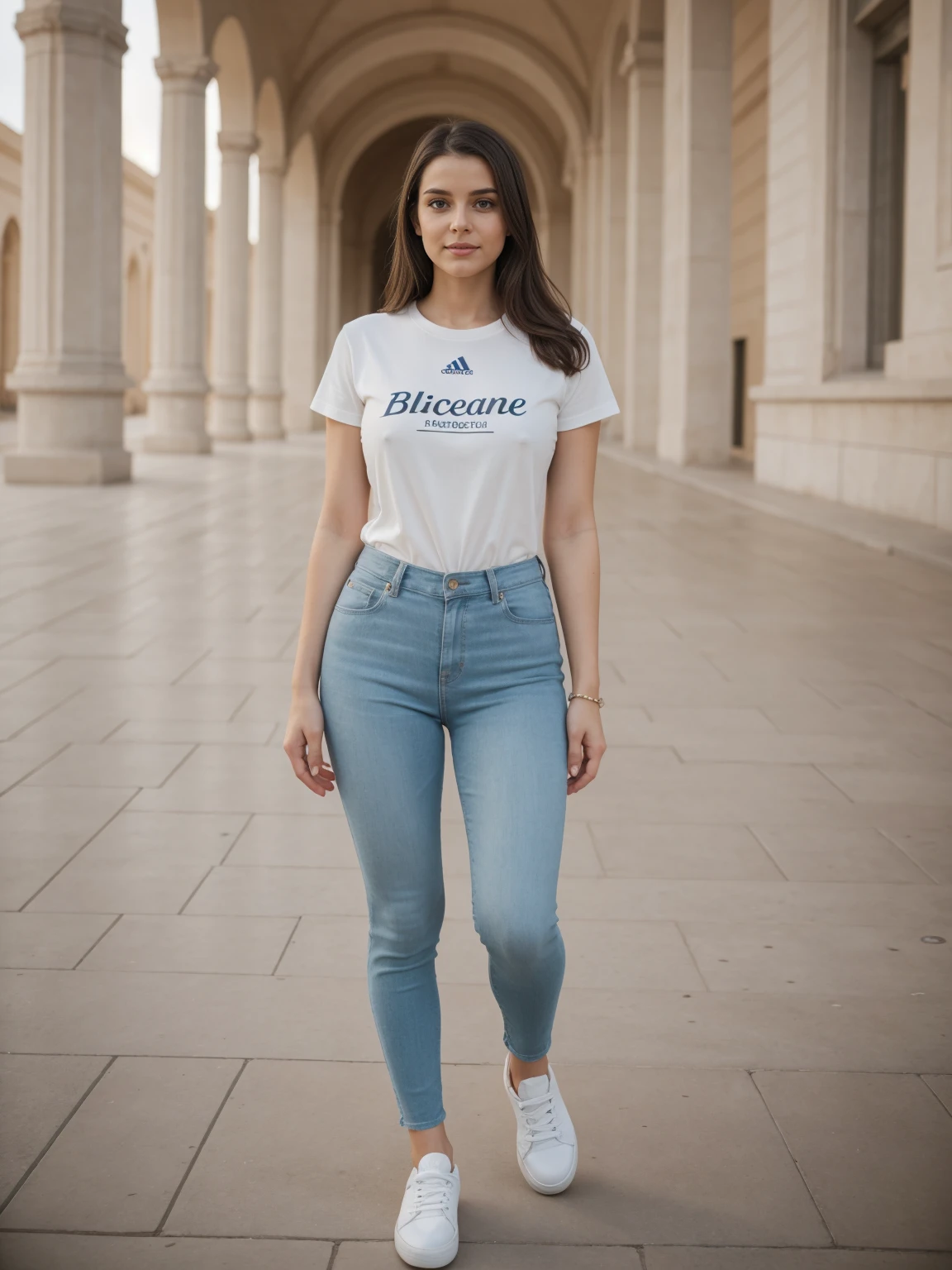 24 year old girl, long legs, full body view, distance to viewer, 8k resolution, very cute, normal tits, detalles, lighting slr, natural jawline, photorealistic, realistic, photorealistic, LanaRhoades, a Napoli, in un museo, di spalle, t-shirt marrone, pantalone nero, scarpe da ginnastica bianche,