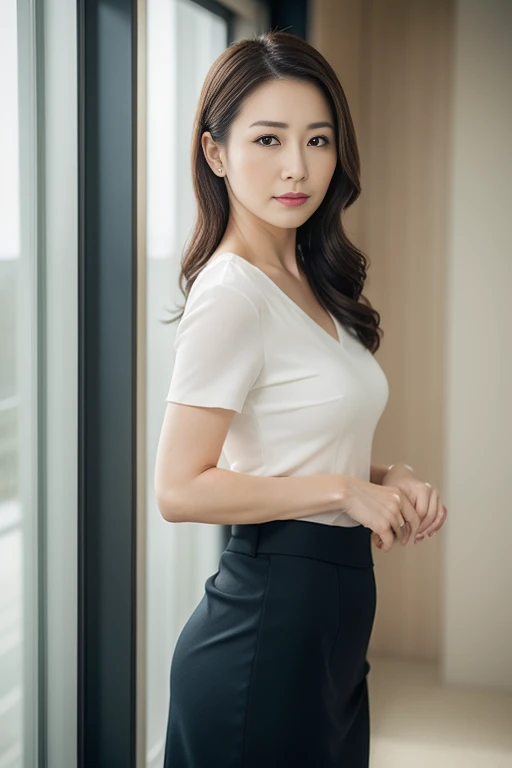 masuter piece, top-quality, ​masterpiece, hight resolution, Photorealsitic, Raw photography, 8k wallpaper, flawless, profetional lighting, ighly detailed, depth of fields,Pale solid color background, ((Japanese mature woman in her 30s)), chubby figure, Female sexy, Detailed face, beautidful eyes, bangss, large full breasts, poneyTail, Faint lips, ((stand facing the center of the screen, Staring at the viewer, Serious face)),Business Wear, foot out of frame, Looking at Viewer, Waiting for cowboy shot to start