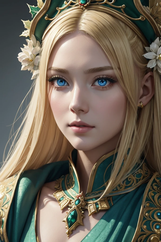 a beautiful empress portrait, blonde hair, perfect blue eyes, with a brilliant, impossible striking big Christmas headpiece, clothes Santa robes, everything Christmas, snow, symmetrical, dramatic studio lighting, rococo, baroque, greens, asian, hyperrealism, closeup, D&D, fantasy, intricate, elegant, highly detailed, digital painting, artstation, octane render, 8k, concept art, matte, sharp focus