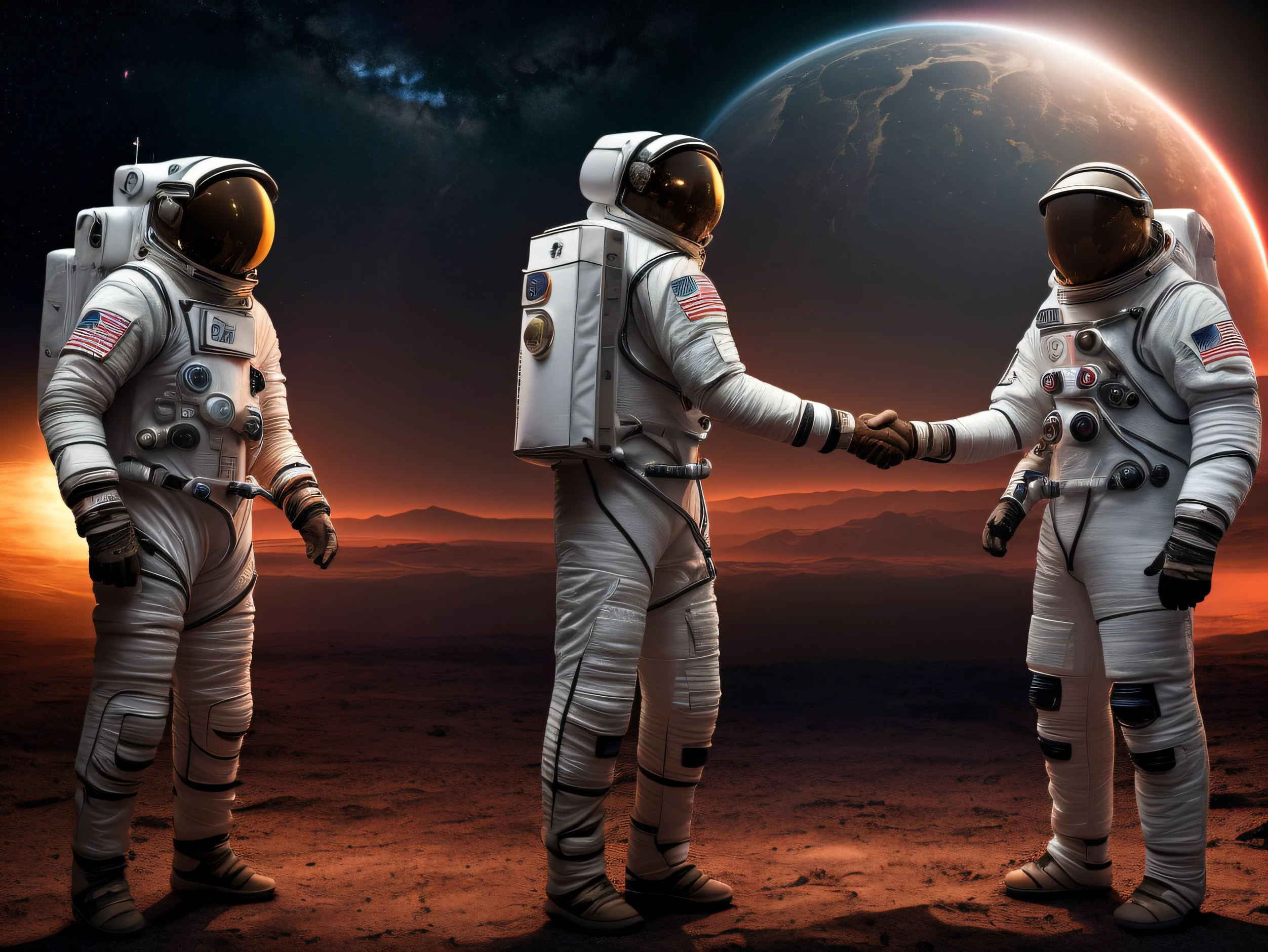 (A human man in a spacesuit shakes hands with another man in spacesuit:1.2),(In the background a mysterious red glowing planet),Breathtaking and magnificent space image scenes.,The scene highly-detailed,Clarity extraordinary,Every intricate detail of the panorama captured,((tmasterpiece)),((best qualtiy)),8K,high detal,((Masterpiece)), (Best quality)),