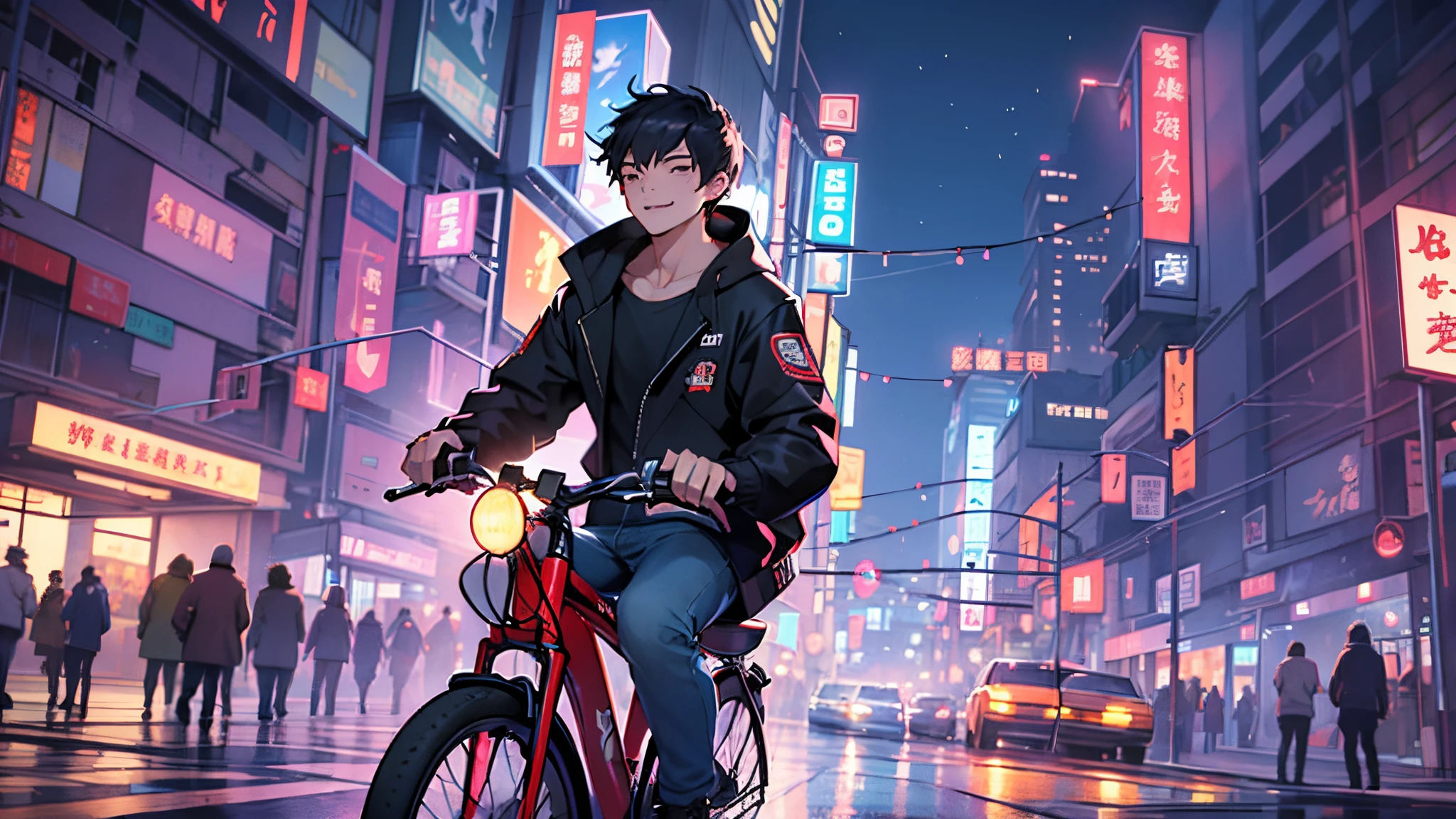 Imagination Unleashed: Dressed in a coat, Li Tian glances at the computer screen with the intriguing alias "Enchanting Fairy," a mischievous smile playing on his lips. He swiftly shuts down the computer and heads out the door. Cinematic Lighting: The night, bathed in the glow of neon lights, hums with the bustling traffic of Bohai City. Li Tian chuckles at his own thoughts, "You have cars, but so do I." Anime Style: Riding a rented bicycle, Li Tian speeds towards the Bohai City's western beach. Sinister thoughts cross his mind, "Does she like the outdoors?" --auto --s2