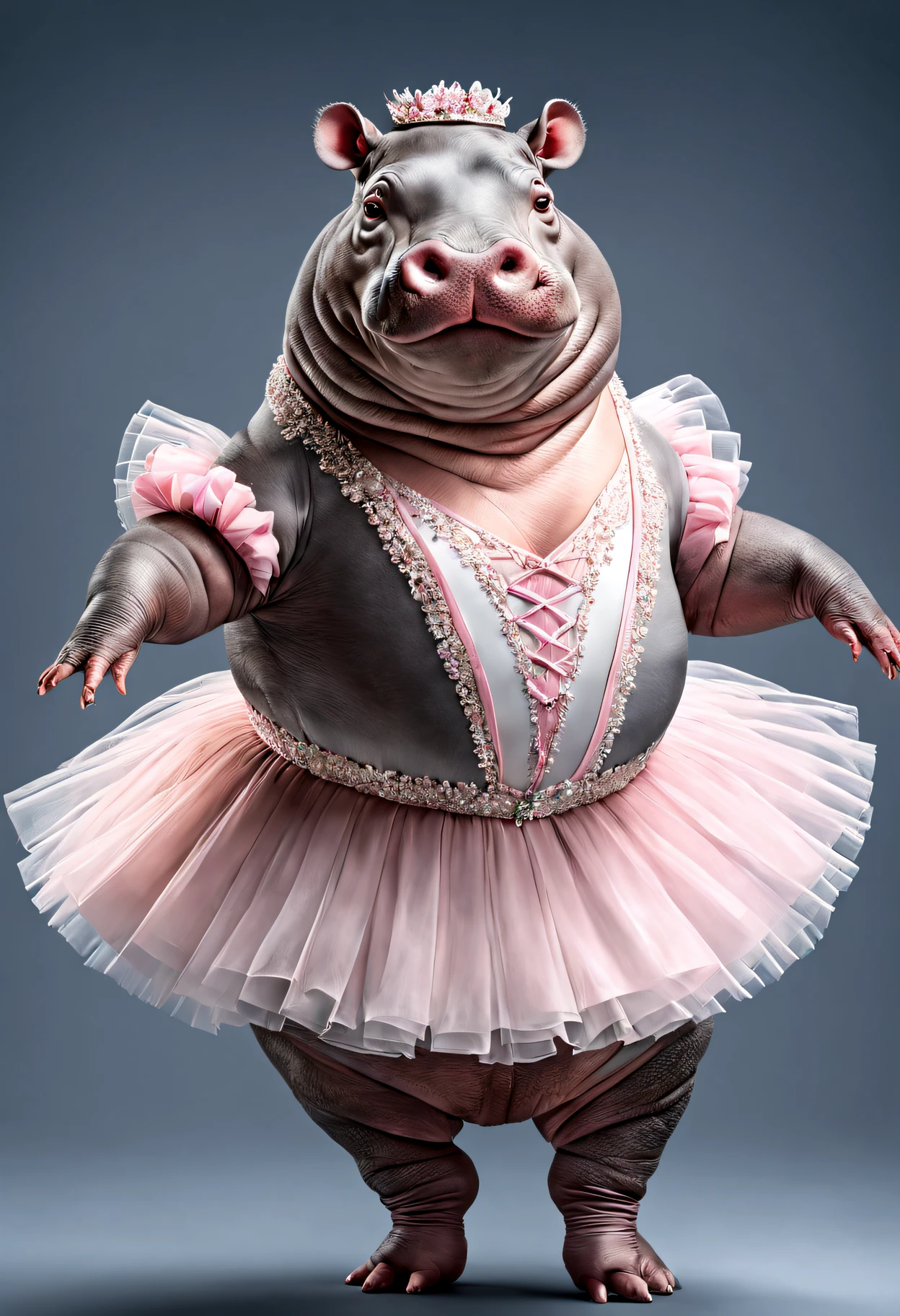 photorealistic portrait of Dressed animals - a fat hippo ballet dancer,(attractive ballet posing), fluffy body, high quality,(lovely) ,intricate details, highly detailed ballet costume ,(happy), studio lighting,(full body image:1.5)