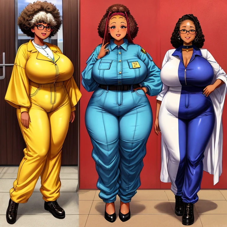 eye glass、afro、forehead、bbw、fatness、huge tit、Big ass、Jumpsuit、blue-collar worker、Brown skin、Full body view