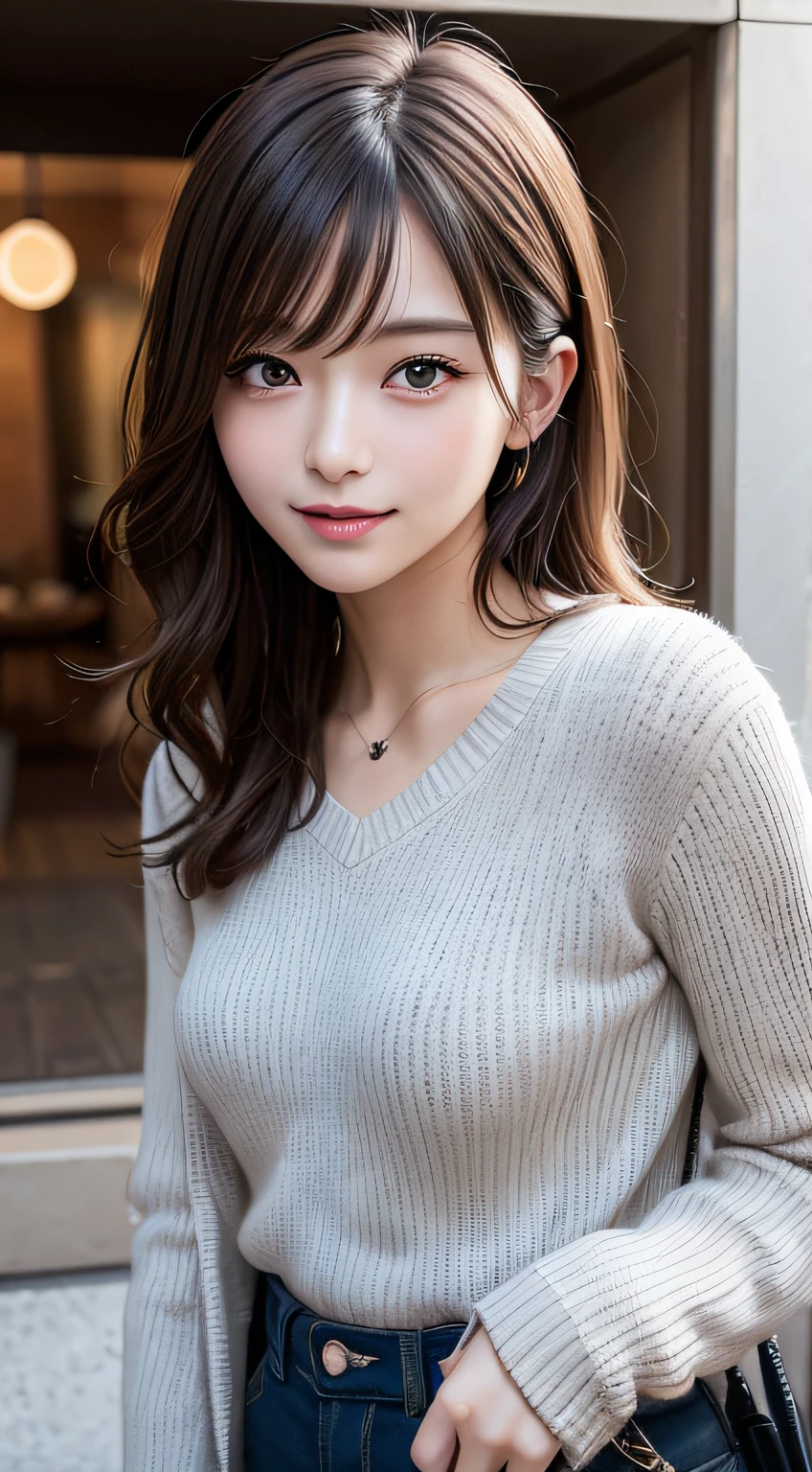 masutepiece, Best Quality, Illustration, Ultra-detailed, finely detail, hight resolution, 8K Wallpaper, Perfect dynamic composition, Beautiful detailed eyes, Winter casual wear,Medium Hair,tiny chest、Natural Color Lip, Bold sexy poses,Smile,Harajuku、20 years girl、Cute、Sexy shot looking at camera