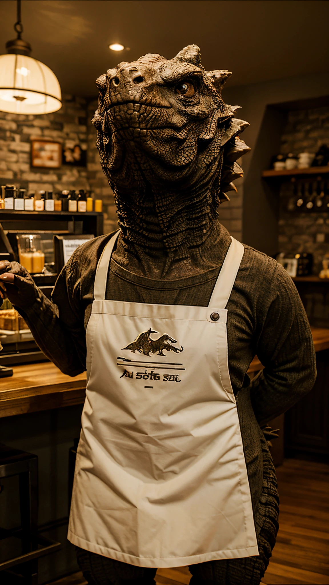 An anthropomorpic Godzilla wearing an apron working at a cafe
