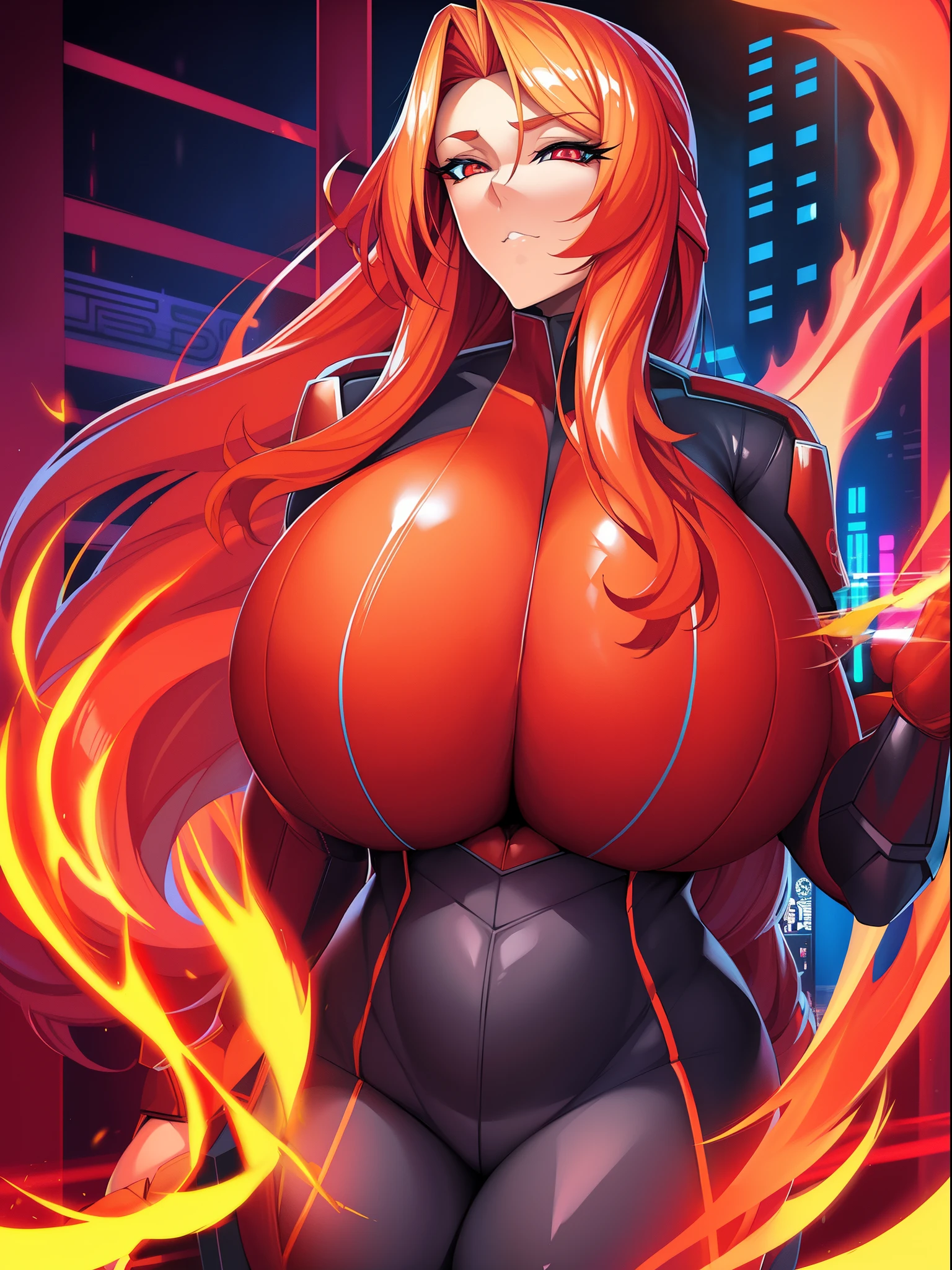 Digital painting of a woman with red flame hair，Cyberpunk Art，Josan Gonzalli Hans Contest Winner，afro futurism，synthetic wave，Neon light，Glowing neon lights，((Huge breasts :1.5))