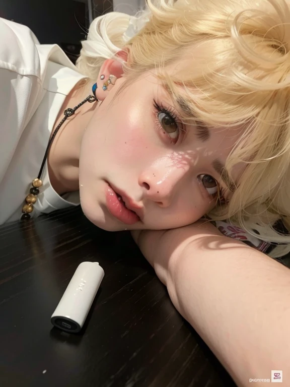 garoto loiro com piercings e uma camisa branca sentada em uma mesa, Jung Jaehyun, Cai Xukun, pale fair skin!!, Jinyoung Canela, Kim Doyoung, Jimin\'s right eyelid swollen, pale porcelain white skin, (12x) extremely pale white skin, Ulzzang macho, Jungkook, Sakimichan