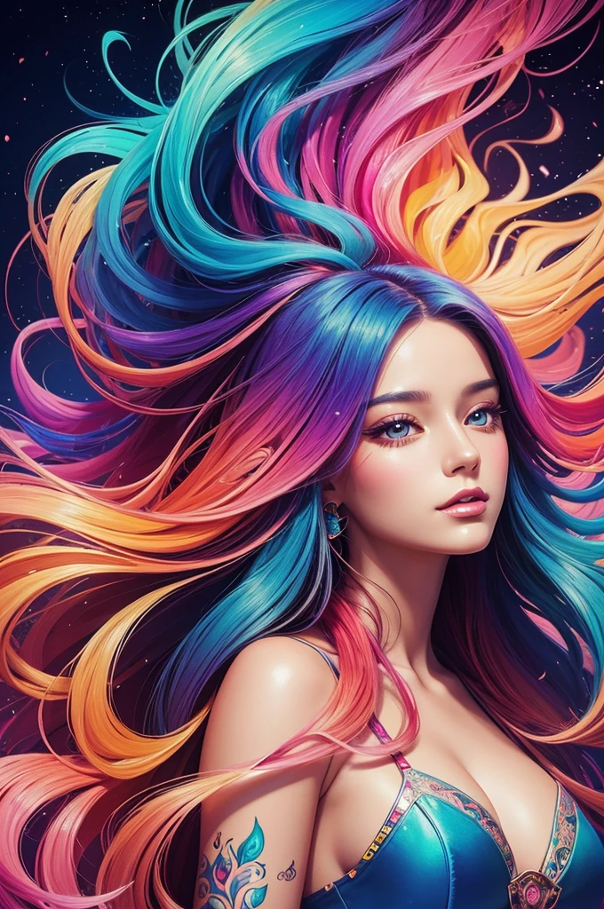 a painting of a woman with long hair and colorful hair, beautiful digital illustration, stunning digital illustration, gorgeous digital art, a beautiful artwork illustration, beautiful digital artwork, beautiful digital art, exquisite digital illustration, intricate digital painting, very beautiful digital art, vibrant digital painting, beautiful gorgeous digital art, psychedelic flowing hair, colorful digital painting, inspiring digital art, stylized digital art