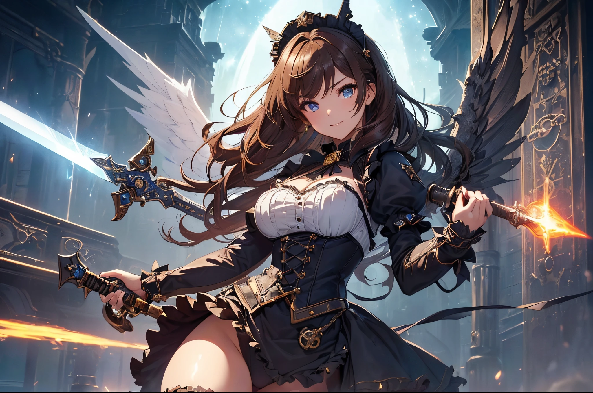 top-quality、Top image quality、masterpiece、Angle seen from the side、Beautiful Gothic girl((20yr old、Best Bust、big bast、Bust 90,long hair with beautiful blue eyebrows、A slender、a closeup、hold a steampunk sword、steampunk armor、Flying in the sky、glowing sword in hand、fly on big mechanical wings、cool jump、fight、Esbian、Gothic Maid costume、beautiful apron、hiquality、Beautiful Art、Background with((starrysky)))masutepiece、visualart、depth of fields、、、🎵、Happy smile、Gentle light、、Beautiful legs that are gentle on the skin、、Number of fingers to achieve precise finger movements、nffsw、nffsw、Lots of gears、、Artistically、、action scene、huge robot、Great angle、steampunk fantasy、Kime Pose!Lively atmosphere、Brown hair、Bob Hair、her clothes are torn and sexy、supreme power、Erotic