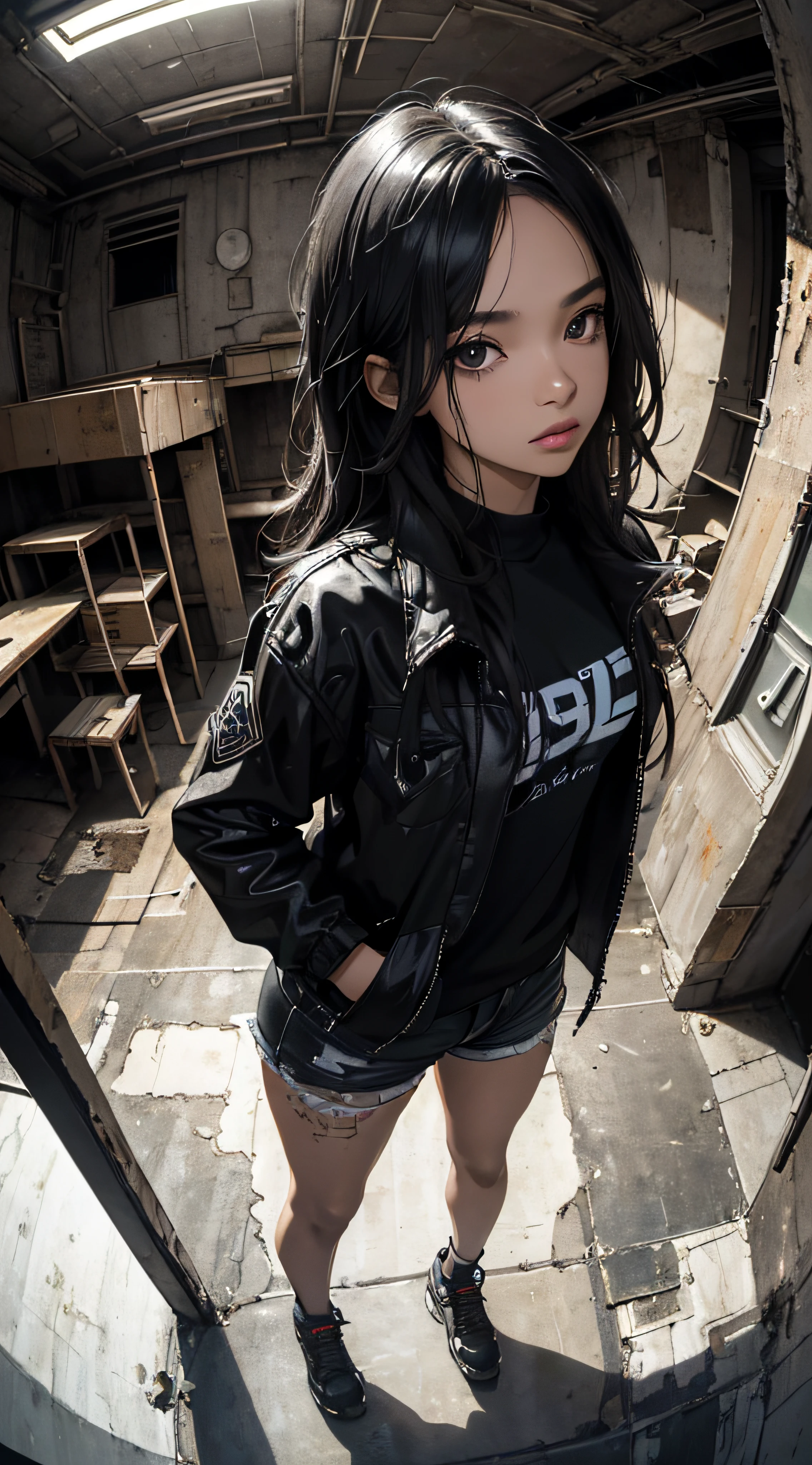 ((8k wallpaper of extremely detailed CG unit, masterpiece, hight resolution, top-quality)), (Beautiful black hair woman, Hands in pockets:1.8, Grunge Fashion:1.2, Wearing a blouson:1.2, Wearing micro mini shorts:1.2, Wearing shoes:1.1), ((extra detailed face, Highly detailed black eyes, extra detailed body, Top quality real texture skins)), (hair messy, de pele branca), (Futuristic abandoned building interior), (high-angle:1.2, Fisheye:1.3), hyper realisitic, digitial painting,